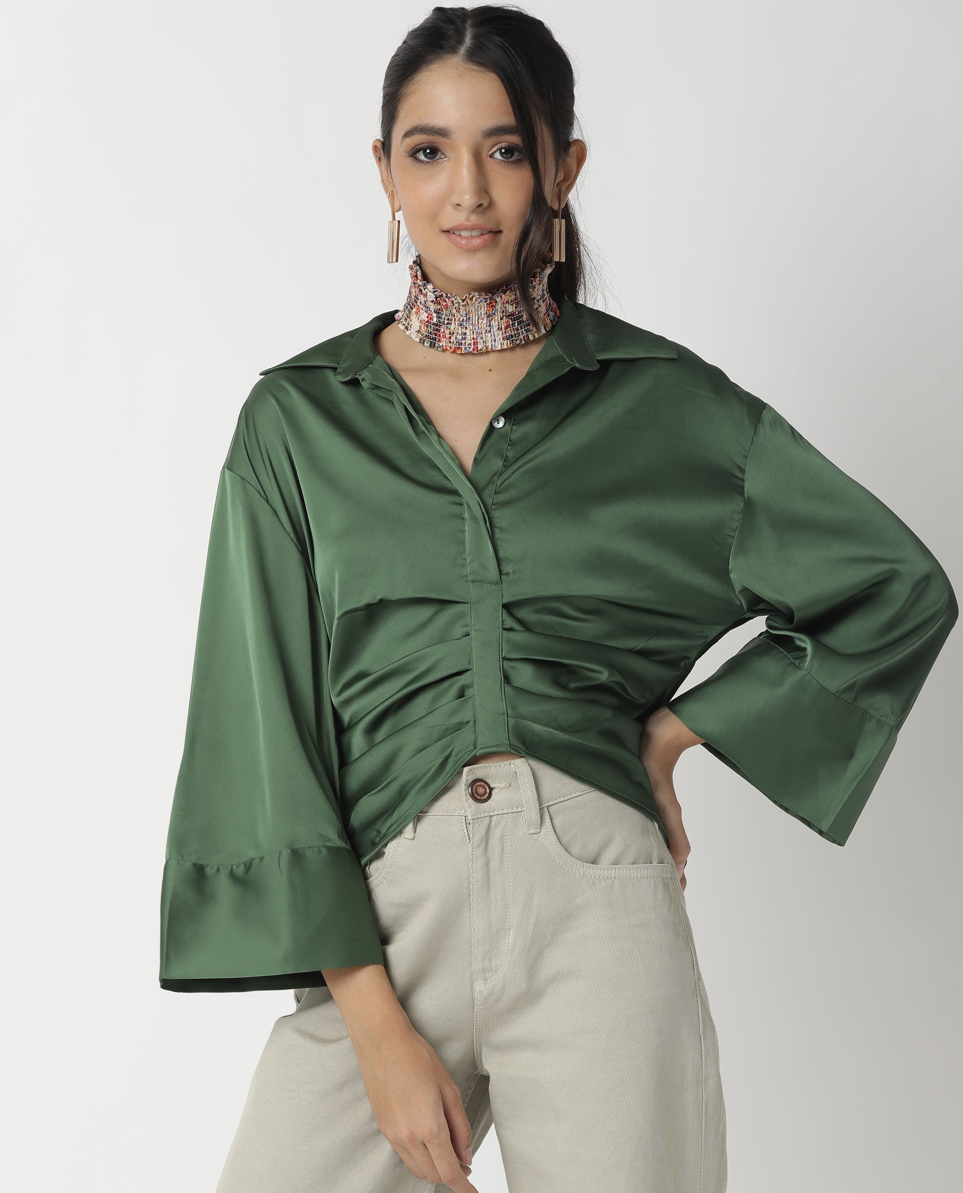 Rareism Womens Zomat Green Top Modal Fabric Regular Fit Bell Sleeves Collared Neck