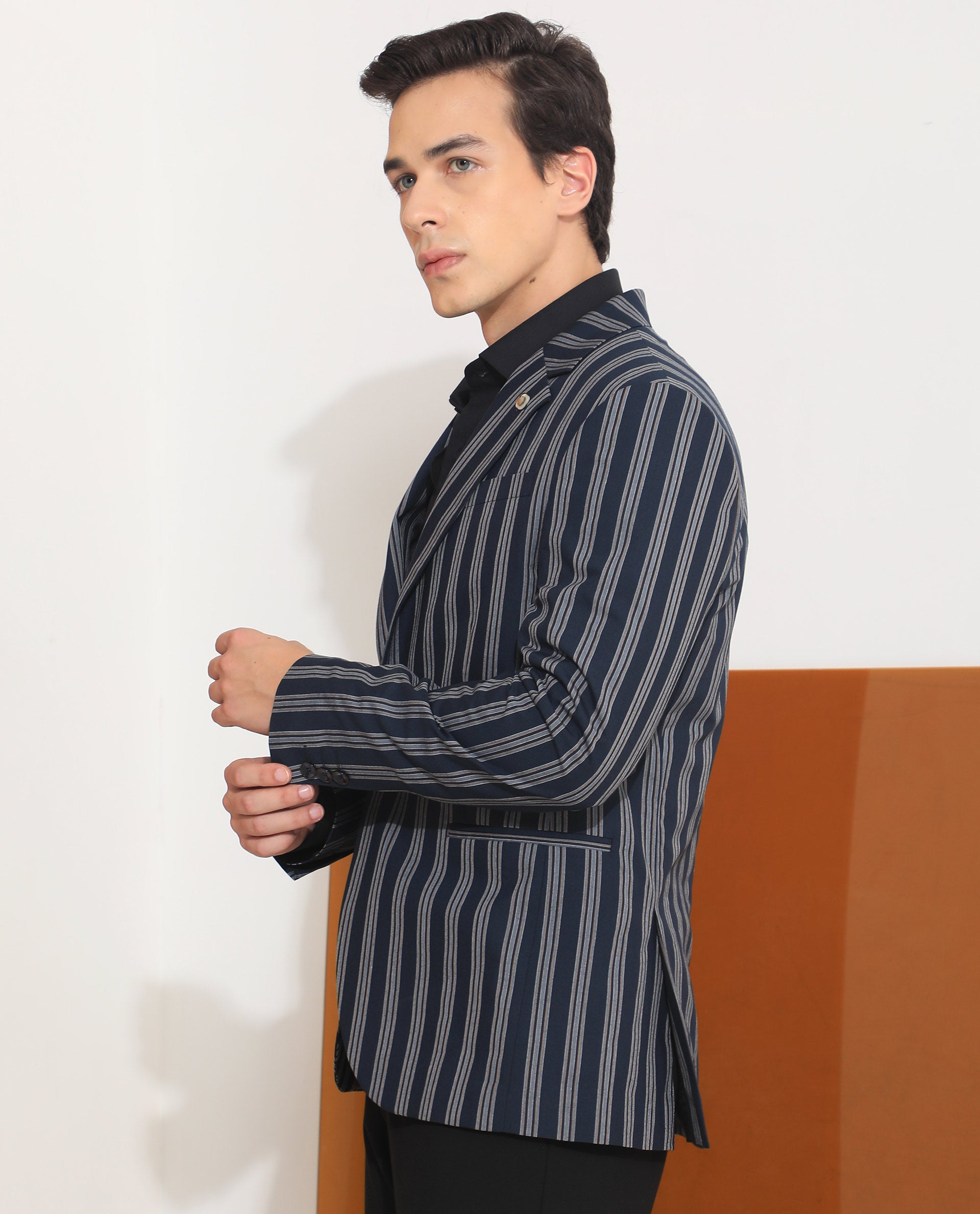 Rare Rabbit Men's Kano Navy Cotton Fabric Notch Lapel Single Breasted Tailored Fit Stripe Blazer