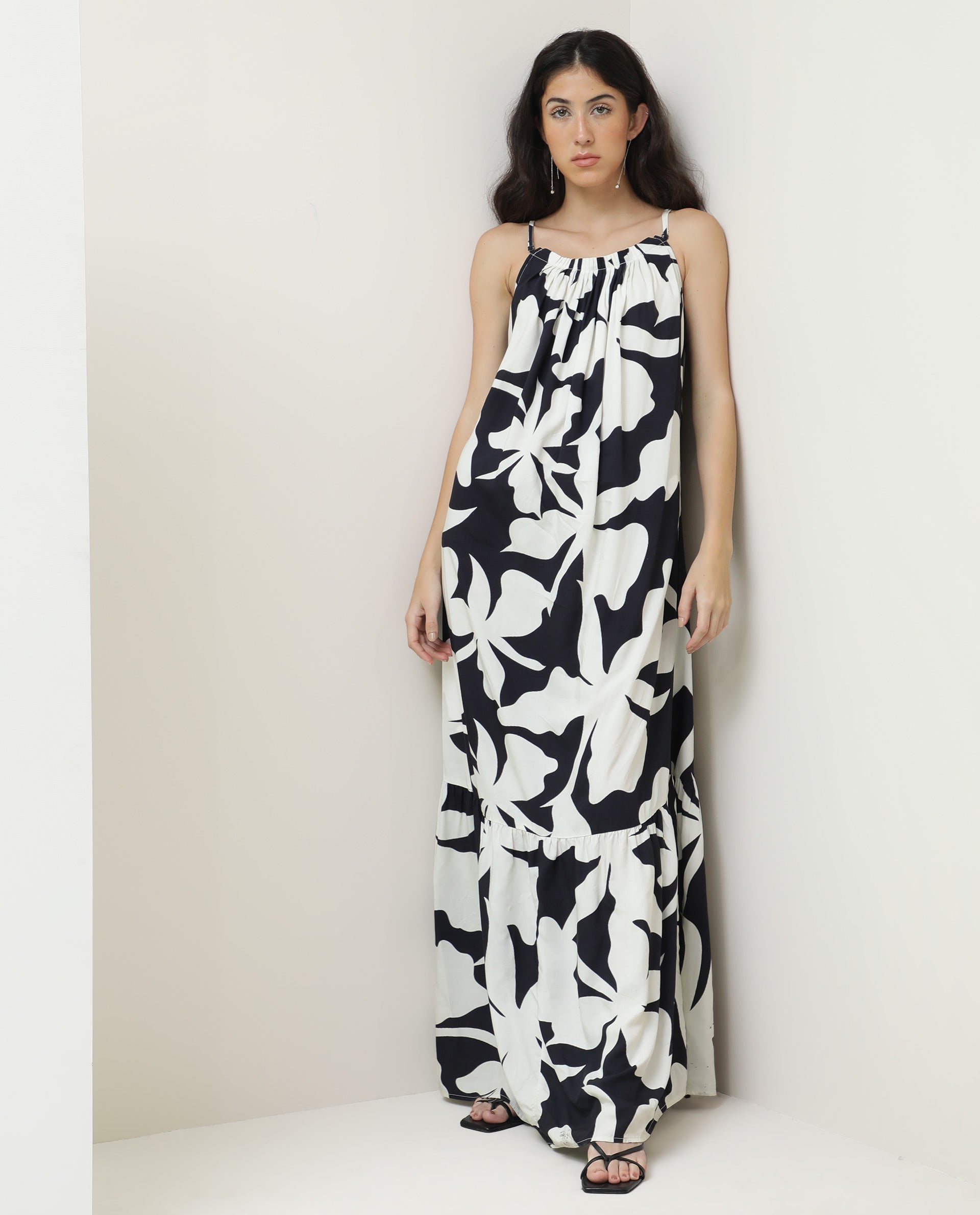 Rareism Women Zahara Black Viscose Fabric Sleeveless Shoulder Straps Regular Fit Floral Print Knee Length Tiered Dress