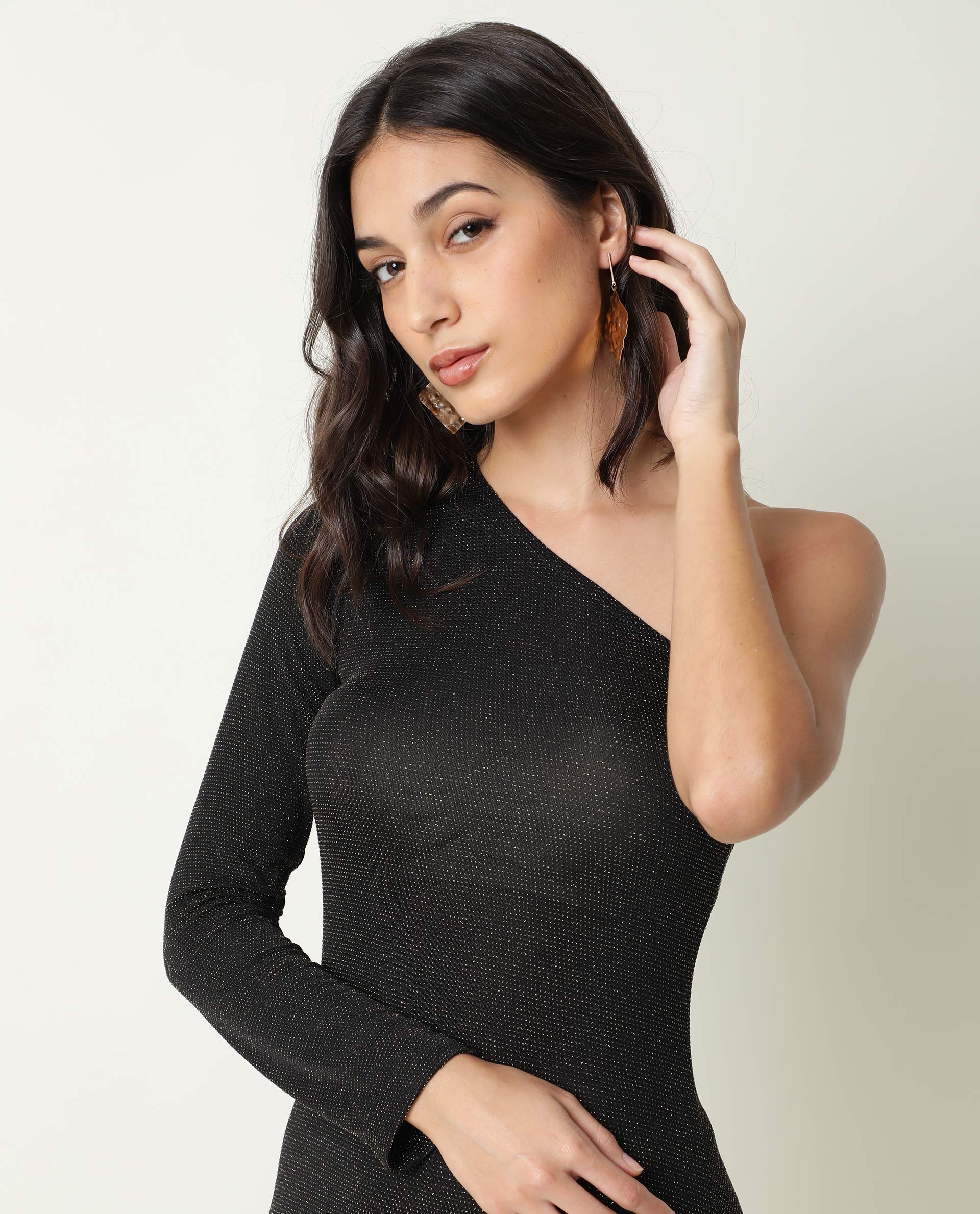 Rareism Women Lelani Black One Shoulder Full Sleeve Asymmetric Knee Length Dress