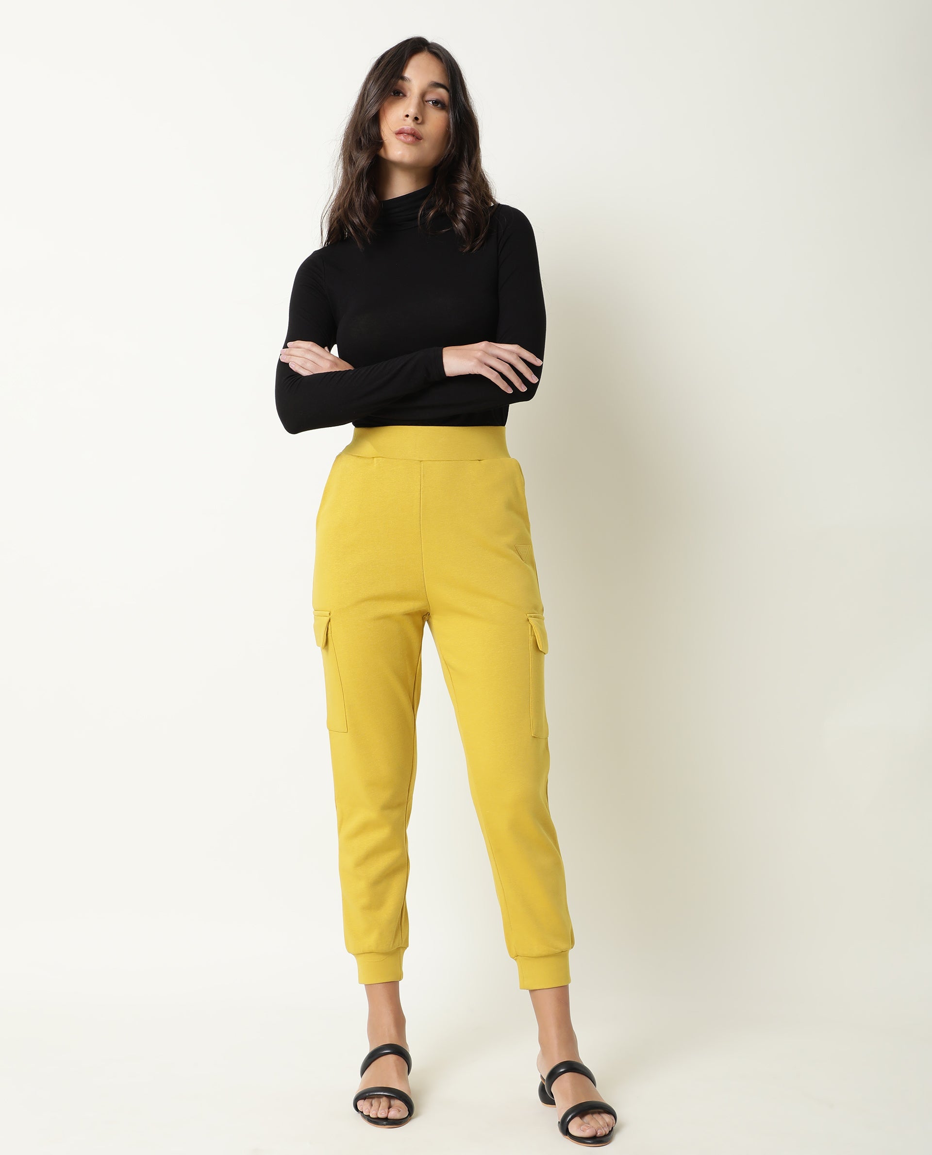 Rareism Women Nush Yellow Poly Cotton Fabric Tailored Fit Solid Mid Rise Ankle Length Track Pant