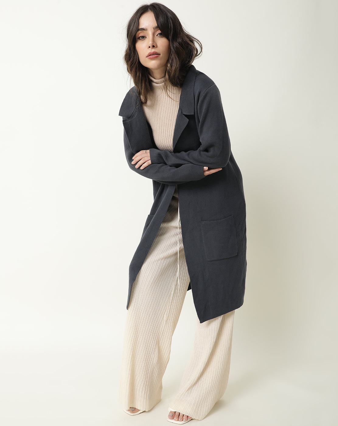 Rareism Women Trident Grey Cotton Fabric Full Sleeves Knee Length Regular Fit Solid Lapel Neck Sweater