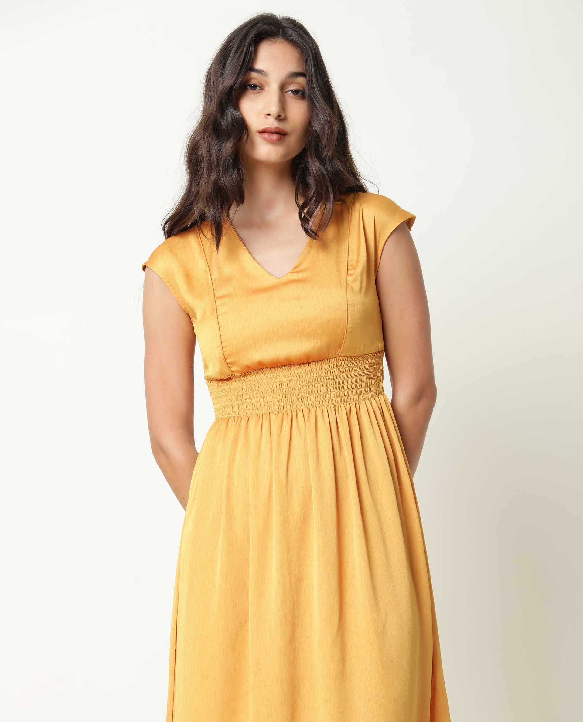 Rareism Women Milux Mustard V Neck Calf Sleeves Smocked Elastic Waist Belt Knee Length Dress