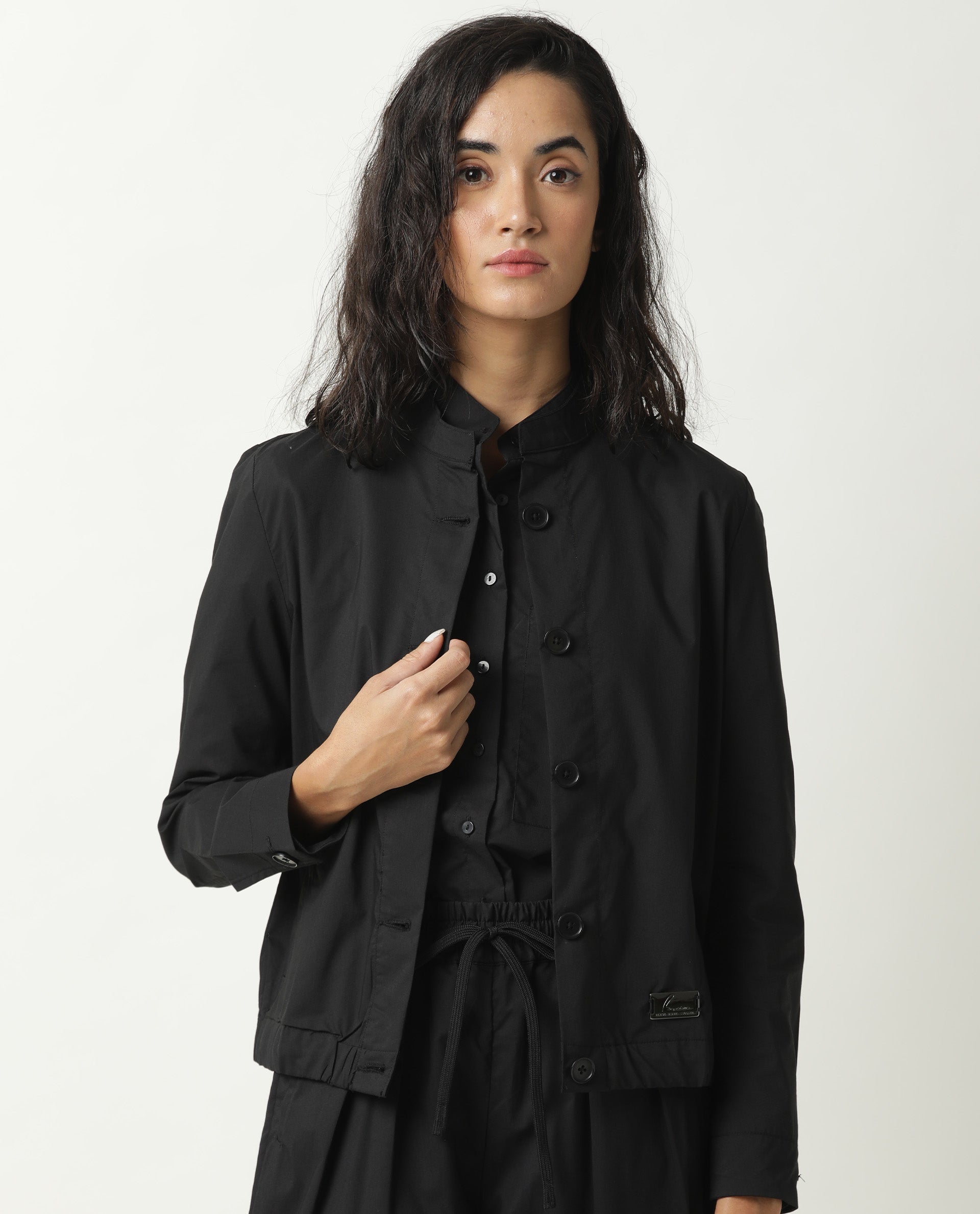 Rareism Women Aomori Black Poly Lycra Fabric Full Sleeves Solid Mandarin Collar Jacket