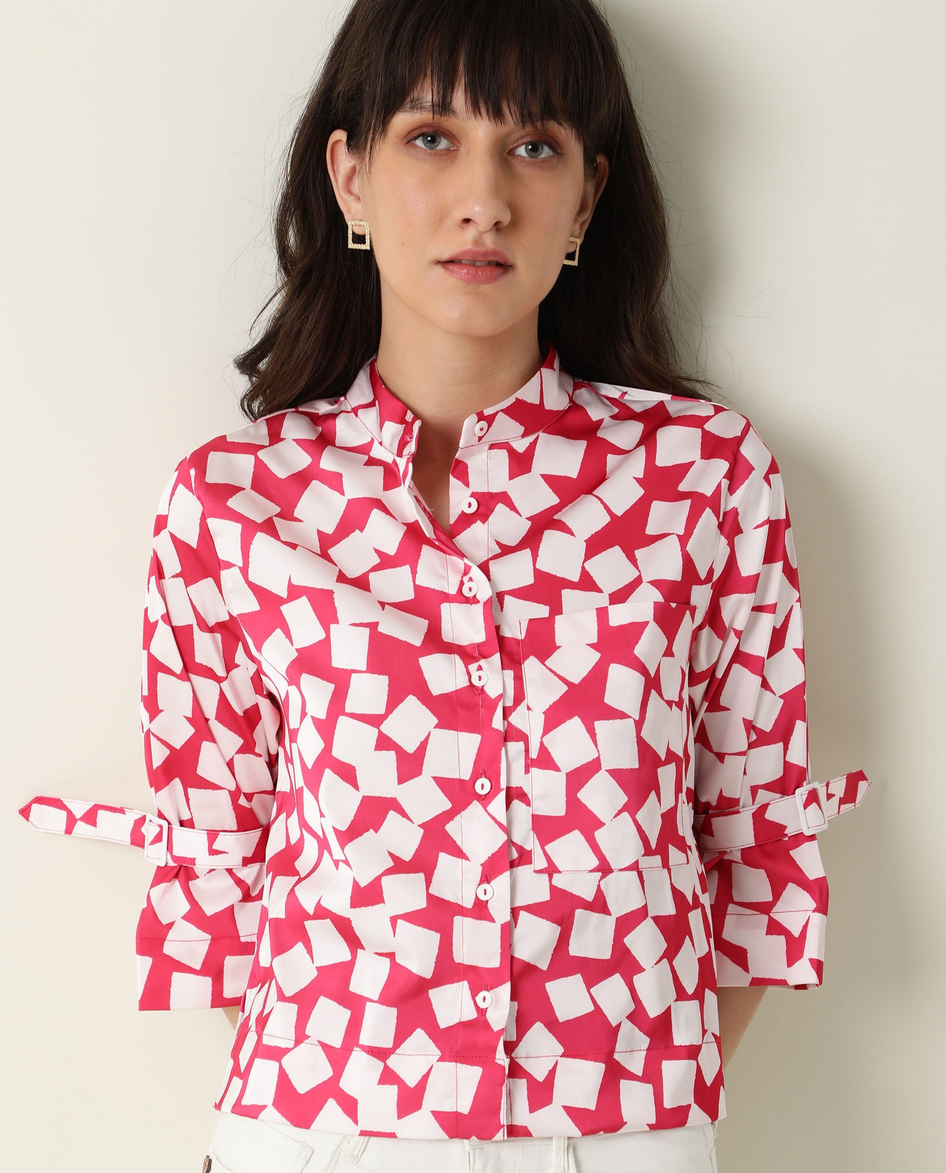 Rareism Women Seki Pink Modal Fabric Regular Sleeve High Neck Geometric Print Shirt