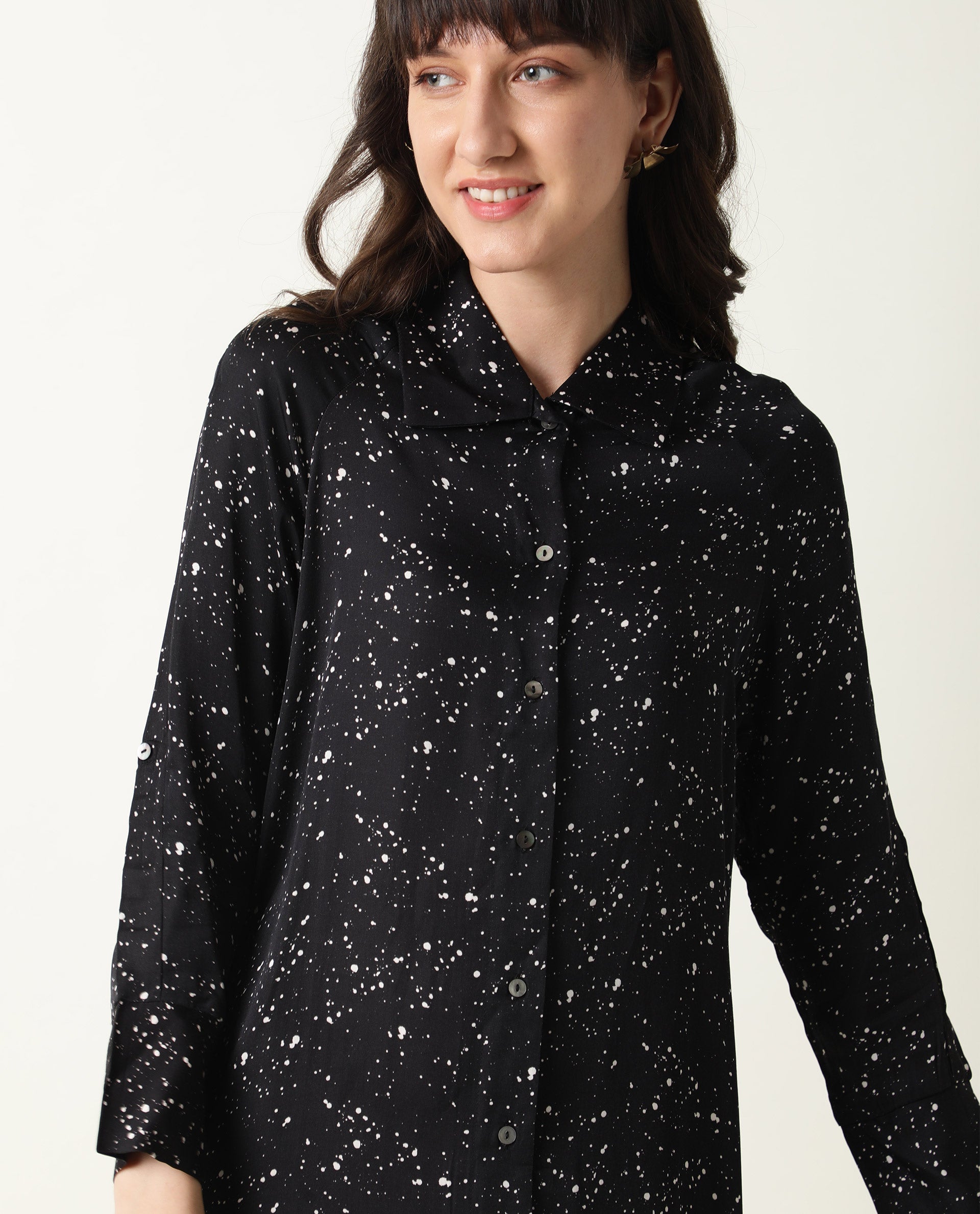 Rareism Womens Timid Black Dress Modal Fabric Regular Fit 3/4 Sleeve Collared Neck