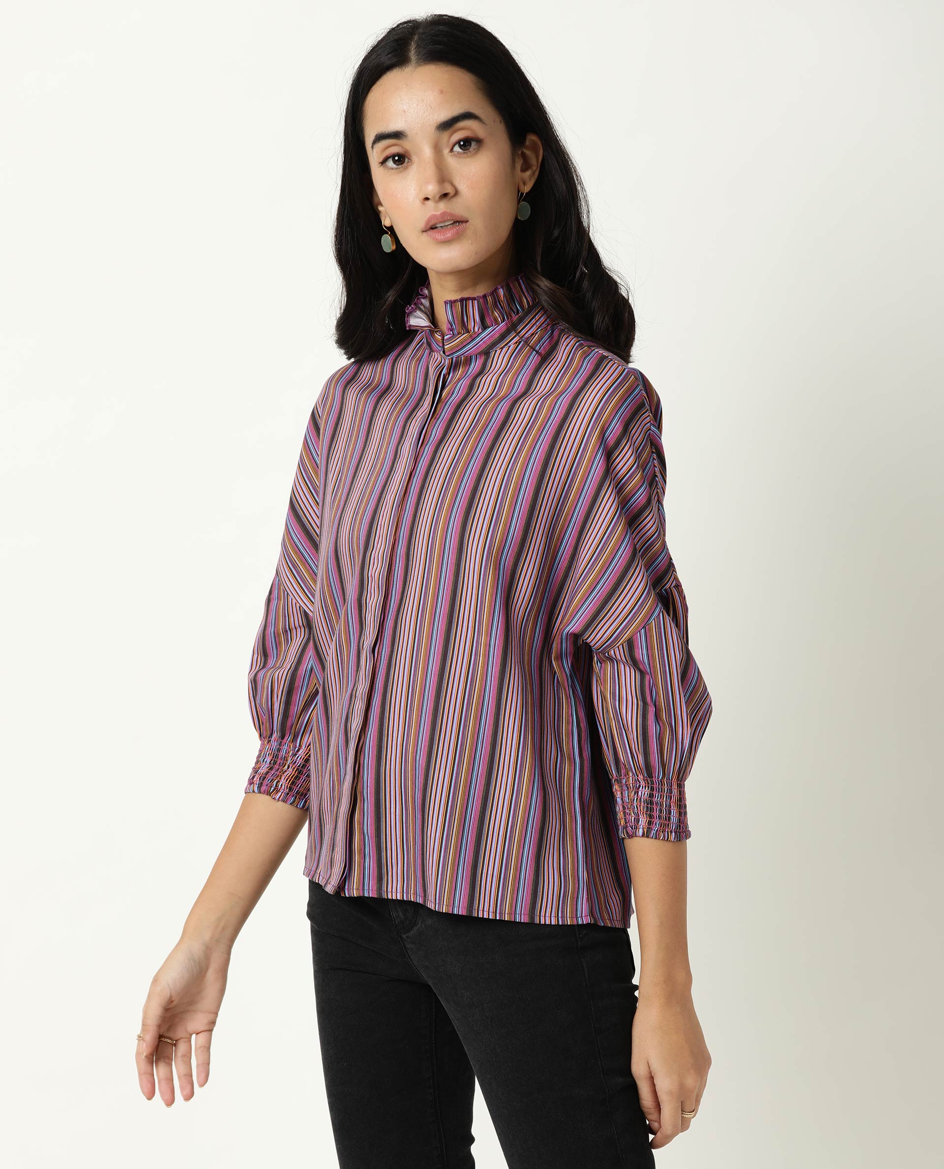 Rareism Womens Pari Multi Top Cotton Fabric Regular Fit Extended Sleeves Ruffled Neck