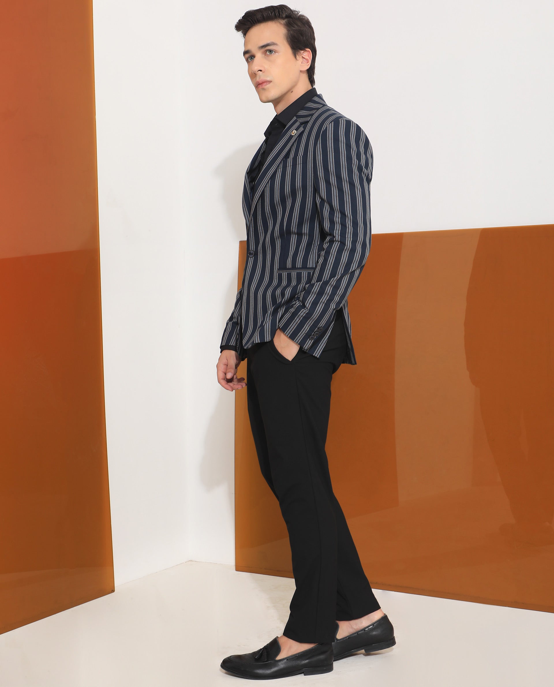 Rare Rabbit Men's Kano Navy Cotton Fabric Notch Lapel Single Breasted Tailored Fit Stripe Blazer