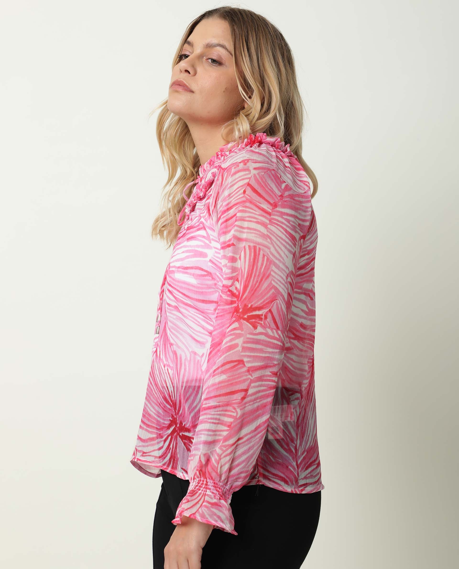 Rareism Womens Tonal Pink Top Viscose Fabric Regular Fit Balloon Sleeve Ruffled Neck