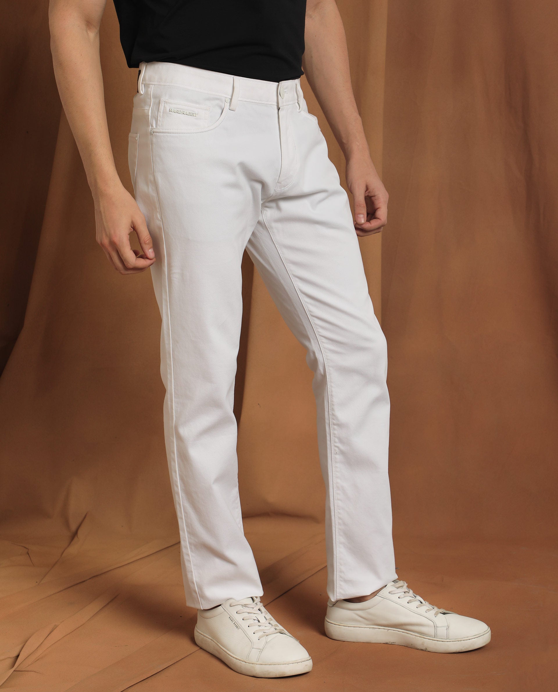 Rare Rabbit Men's Spoke-22 White Solid Mid-Rise Regular Fit Trouser