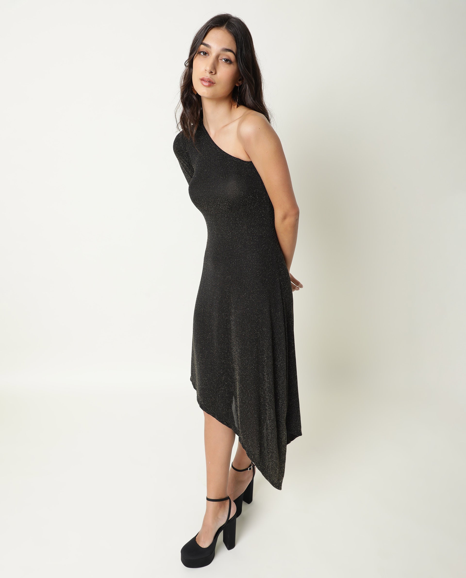 Rareism Women Lelani Black One Shoulder Full Sleeve Asymmetric Knee Length Dress