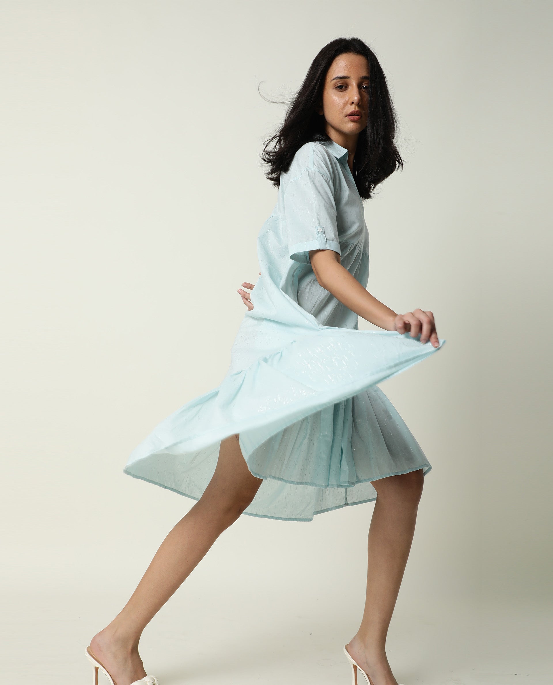 Rareism Women Loaf Light Turq Collared Neck Short Sleeves With Pocket Tiered Knee Length Dress