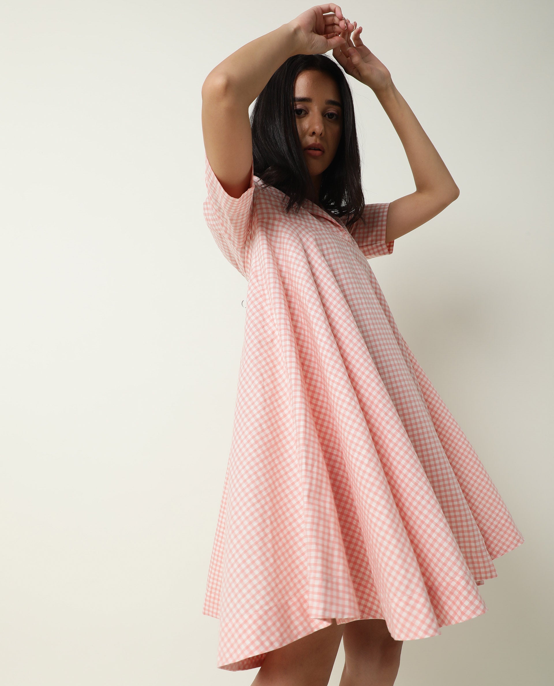 Rareism Women Paris Yellow Gingham Checks Overlap Lapel Collar Half Sleeves Mini Dress