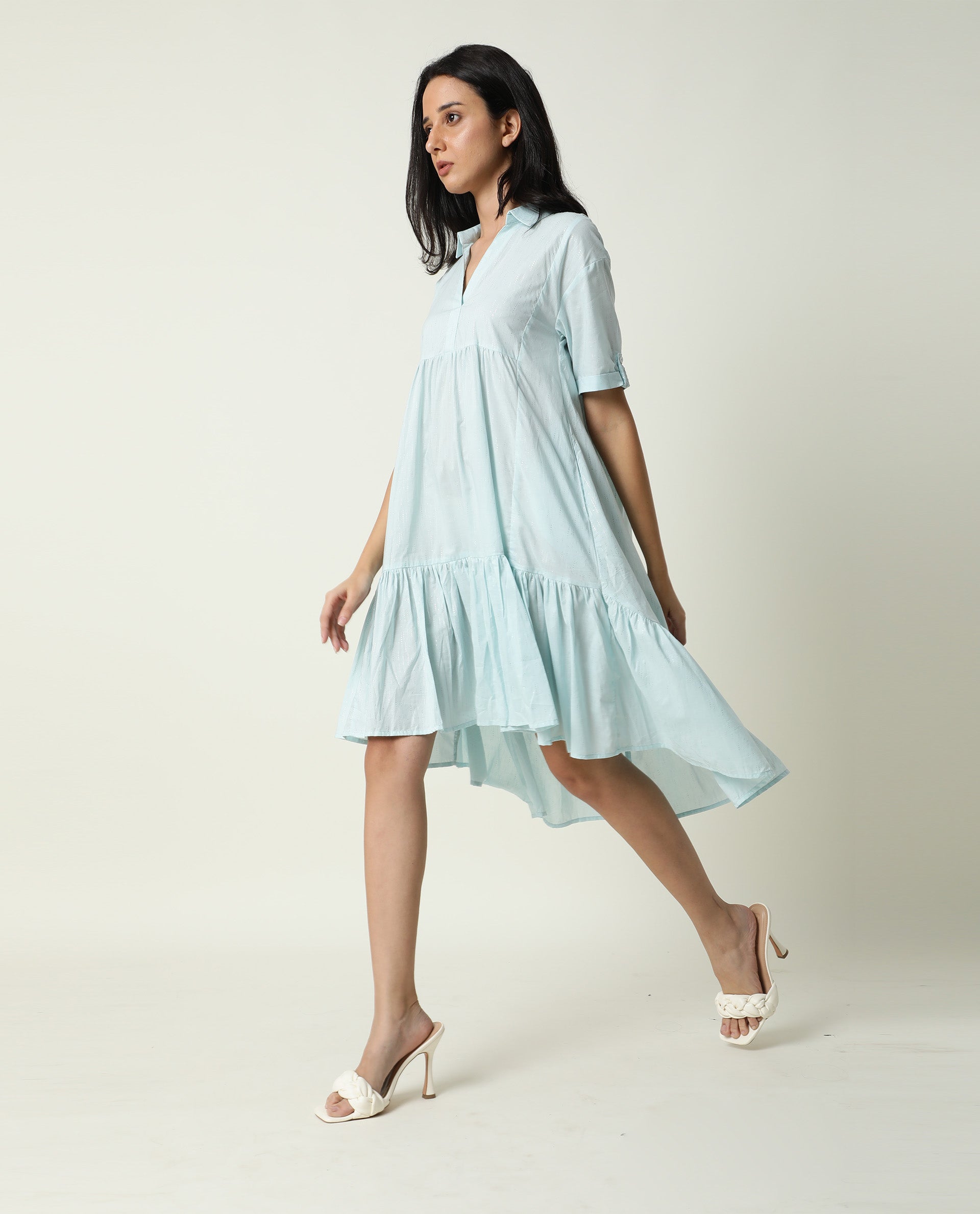 Rareism Women Loaf Light Turq Collared Neck Short Sleeves With Pocket Tiered Knee Length Dress