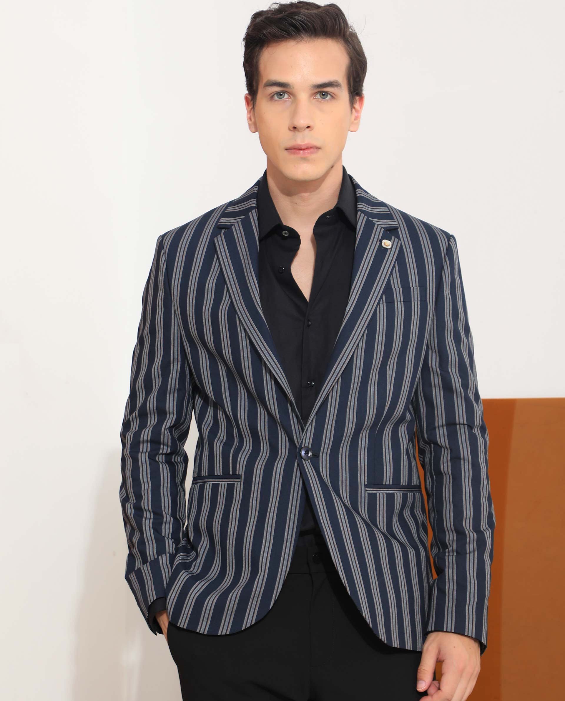 Rare Rabbit Men's Kano Navy Cotton Fabric Notch Lapel Single Breasted Tailored Fit Stripe Blazer