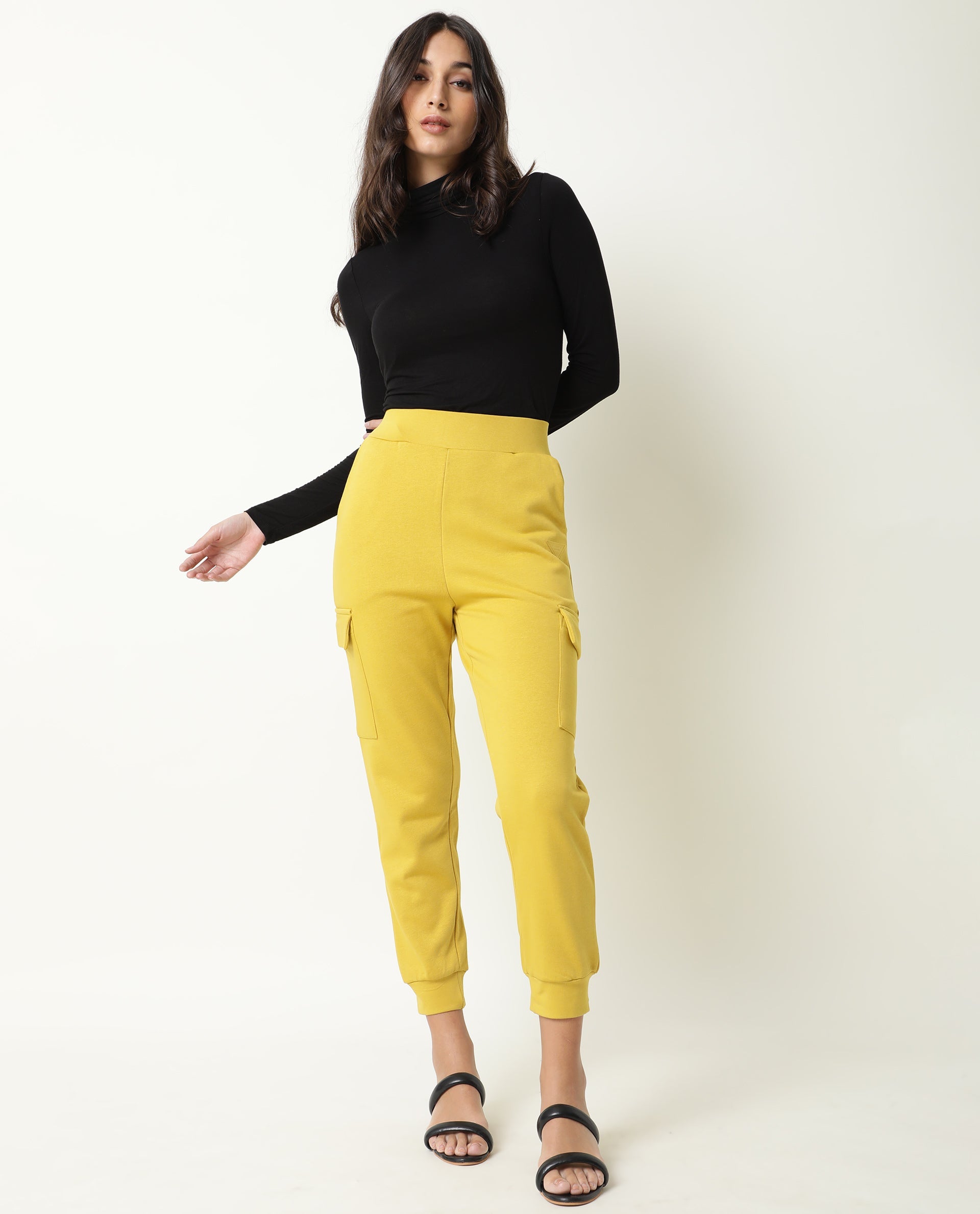 Rareism Women Nush Yellow Poly Cotton Fabric Tailored Fit Solid Mid Rise Ankle Length Track Pant