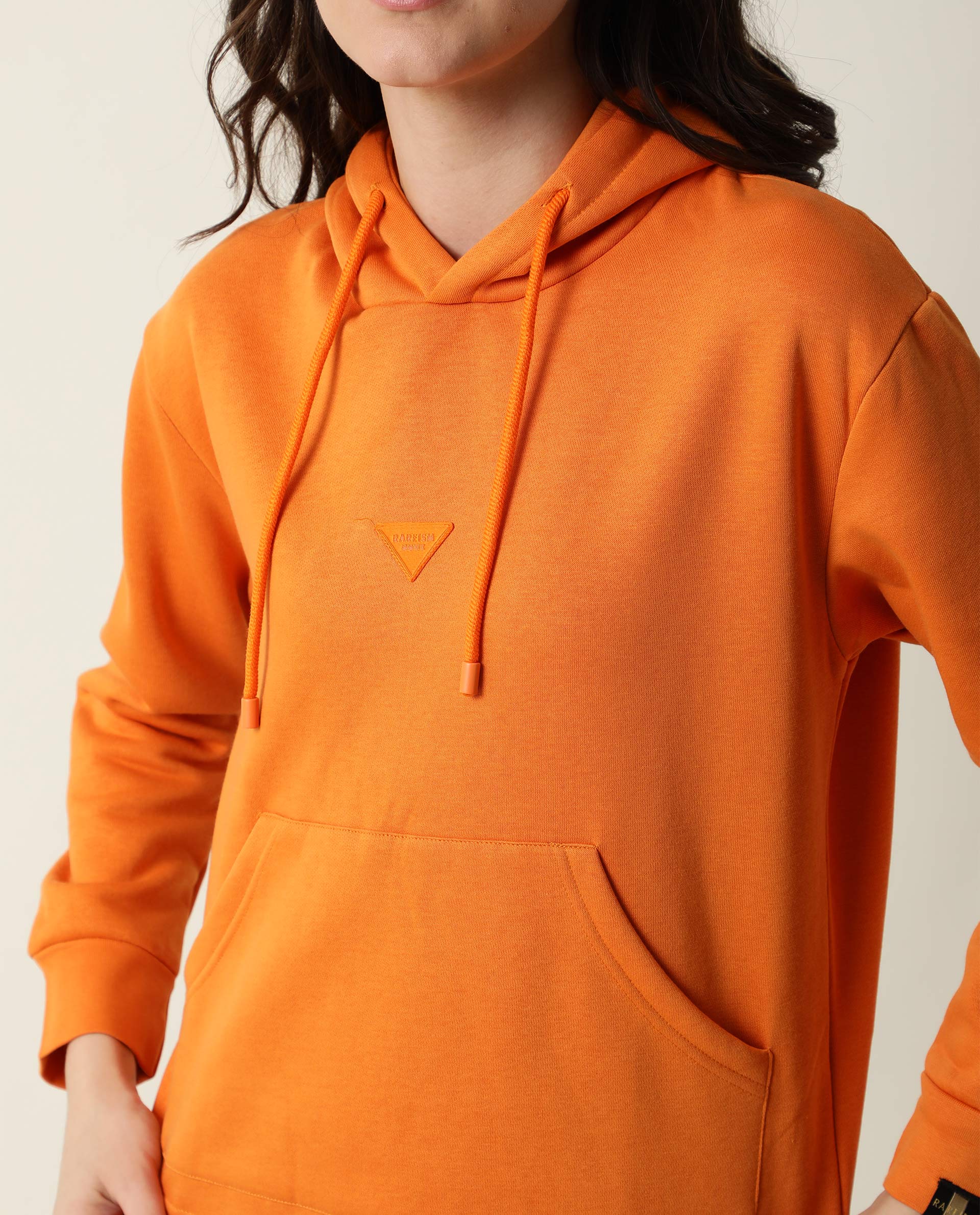 Rareism Women Wally-1 Orange Cotton Poly Fabric Relaxed Fit Full Sleeves Solid Hooded Sweatshirt