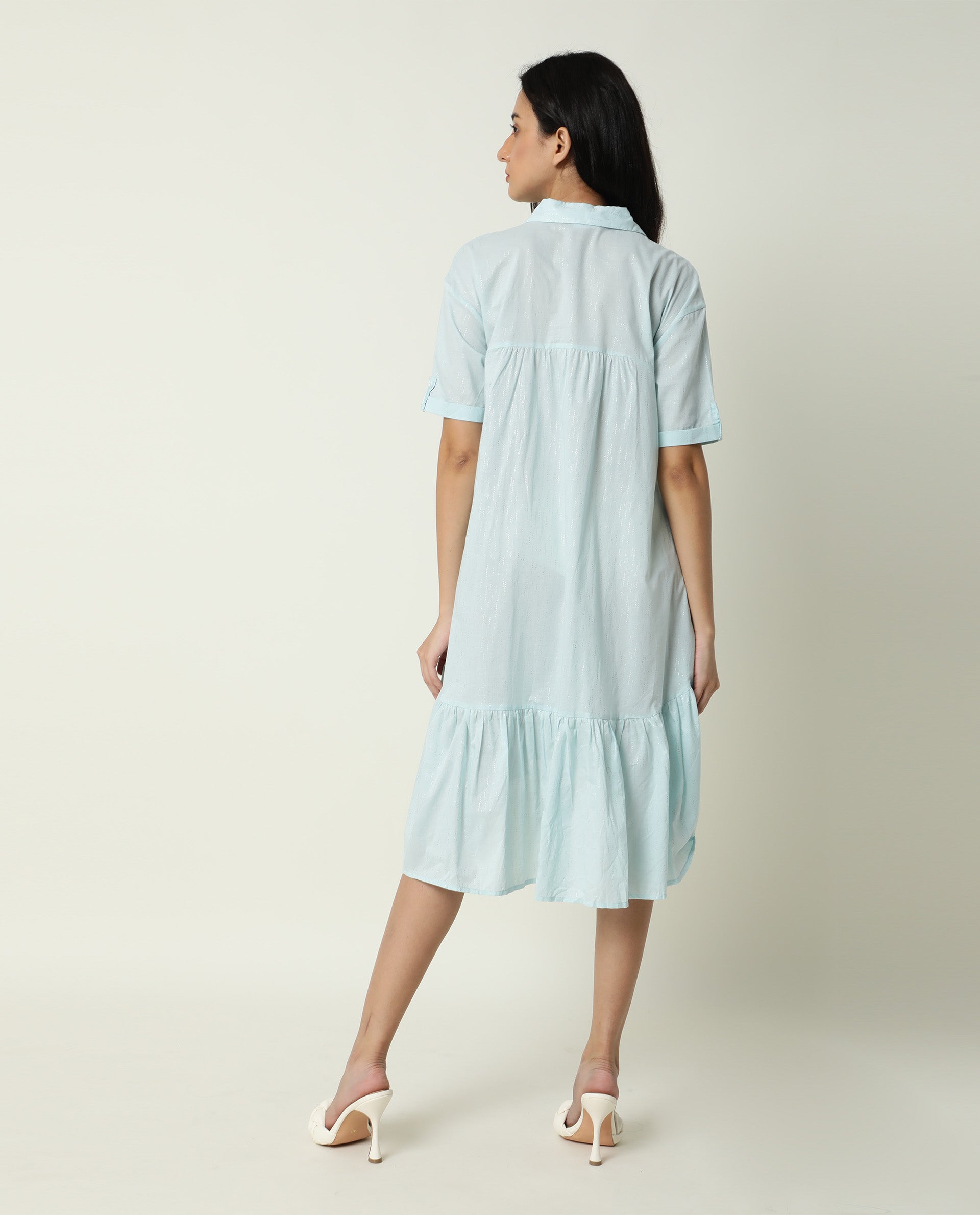 Rareism Women Loaf Light Turq Collared Neck Short Sleeves With Pocket Tiered Knee Length Dress