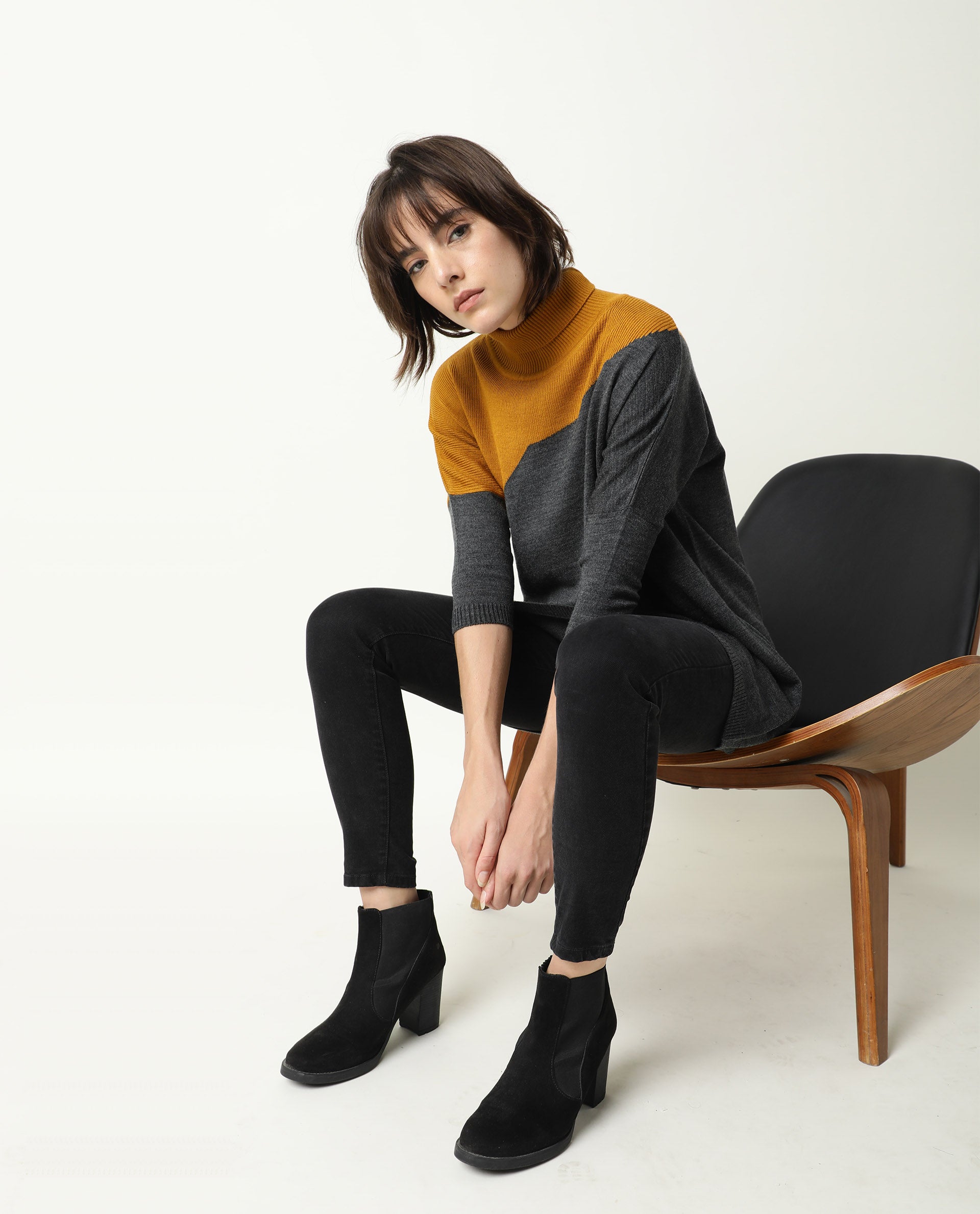 Rareism Women Spaton Grey Acrylic Fabric Full Sleeves Knee Length Regular Fit Color Blocked High Neck Sweater