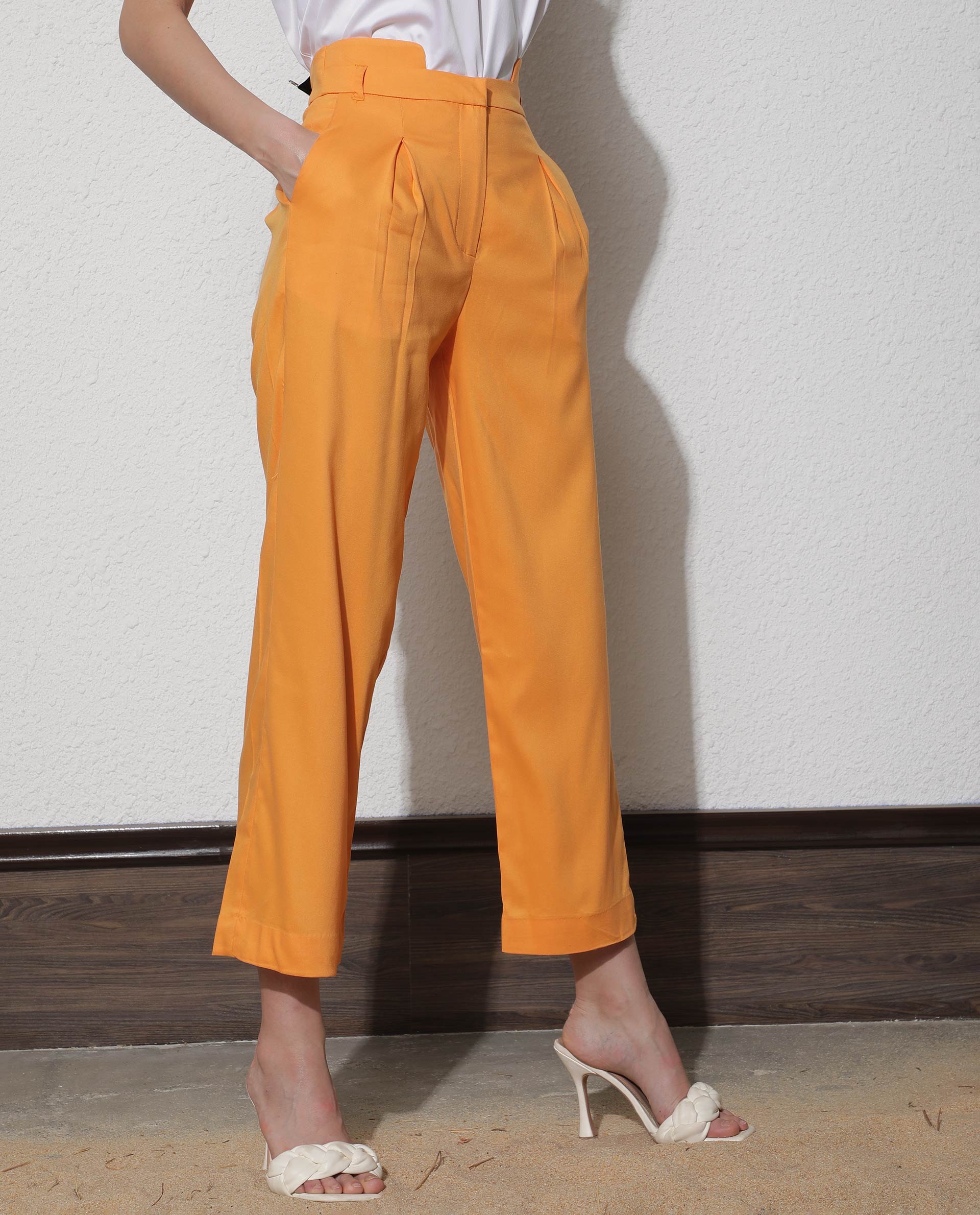 Rareism Women Evanova Mustard Viscose Fabric Tailored Fit High Rise Solid Ankle Length Trousers