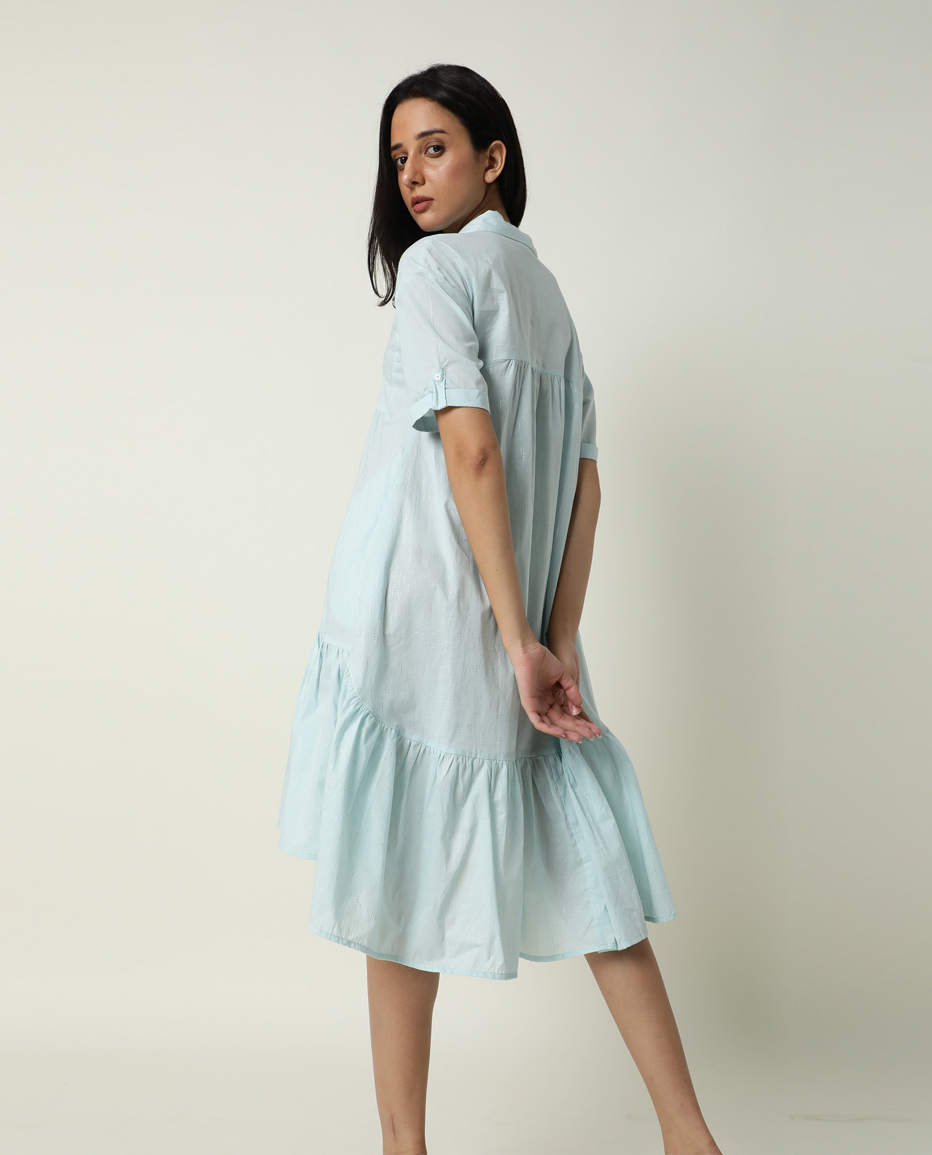 Rareism Women Loaf Light Turq Collared Neck Short Sleeves With Pocket Tiered Knee Length Dress