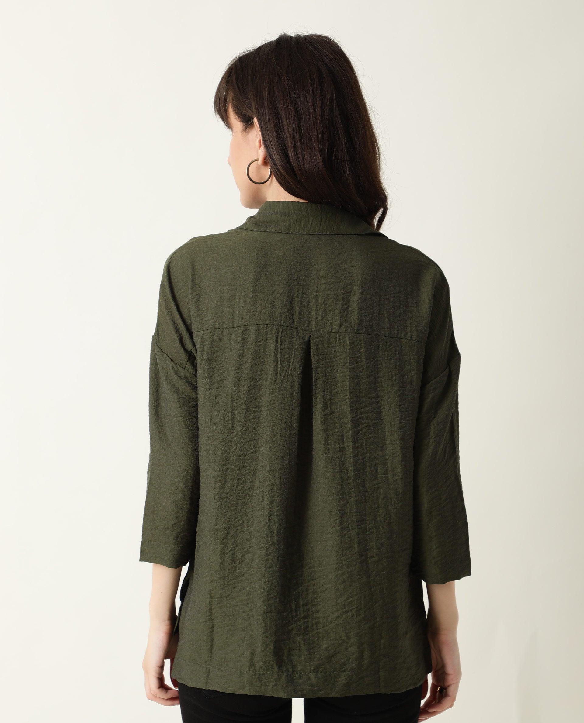 Rareism Women Velyn Dark Green Polyester Fabric Relaxed Fit Collared Neck Full Sleeves Textured Top