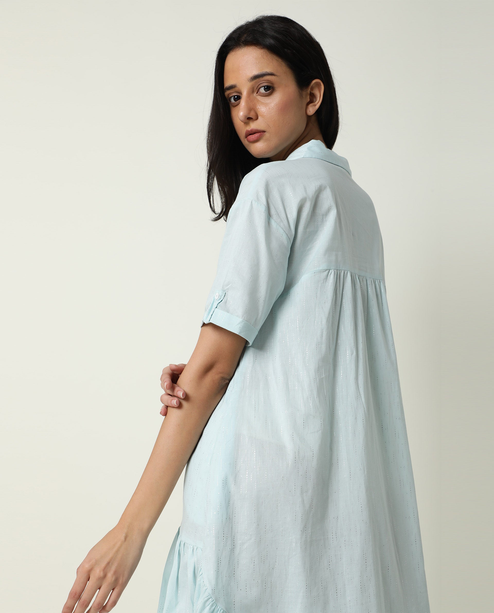 Rareism Women Loaf Light Turq Collared Neck Short Sleeves With Pocket Tiered Knee Length Dress