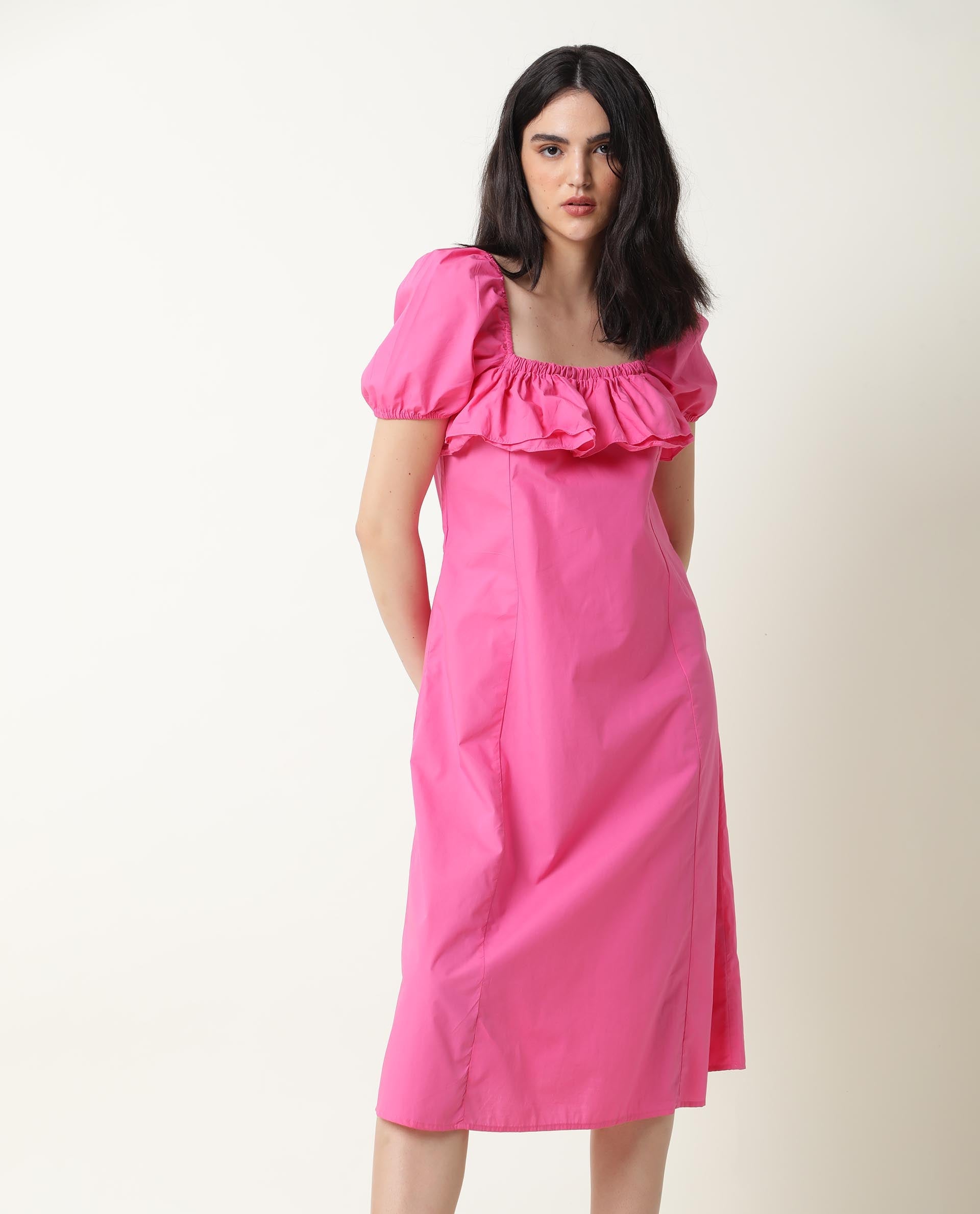 Rareism Women Varsi Pink Square Neck Puff Sleeves Ruffle At The Neck With Pockets Midi Dress
