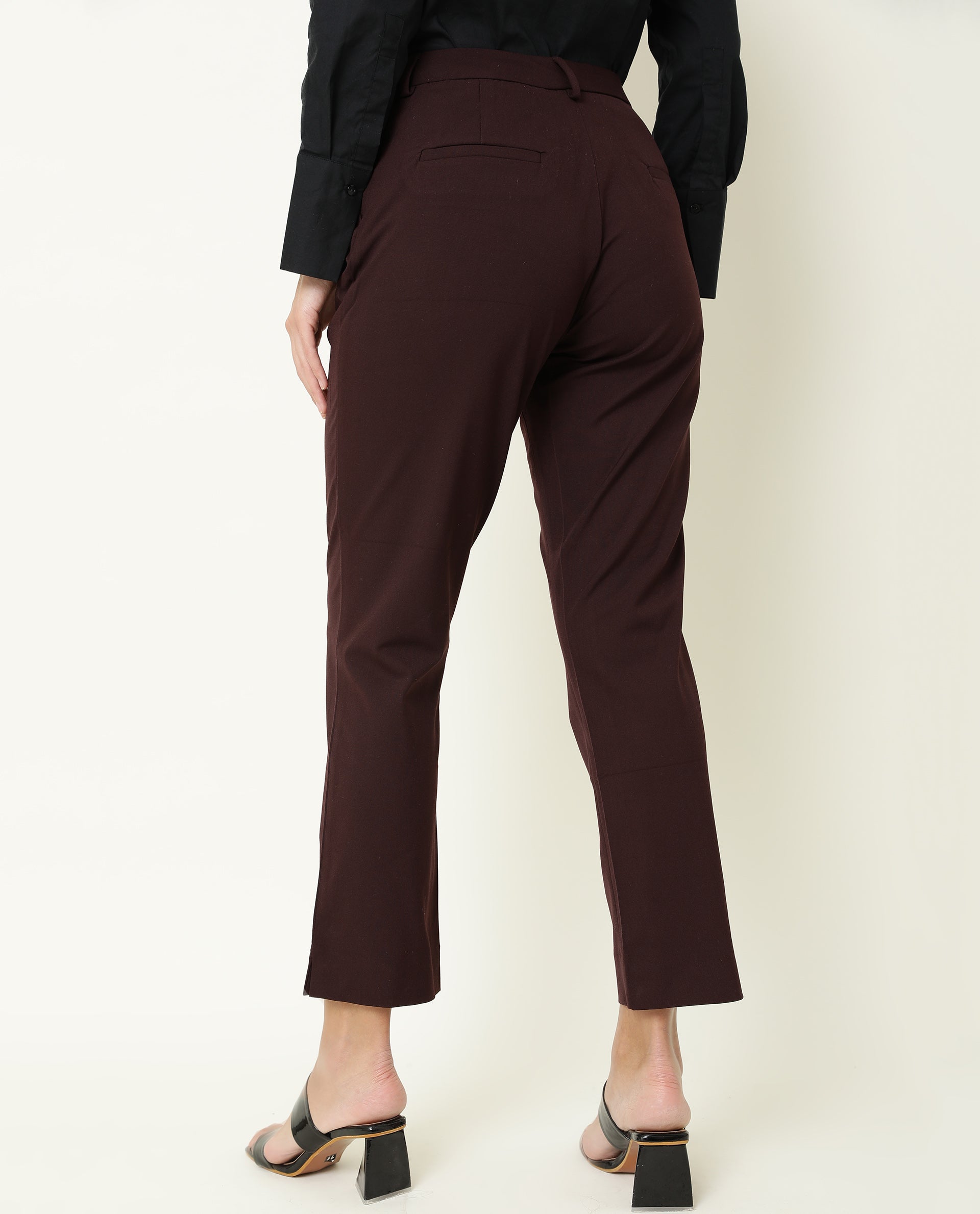 Rareism Women Yard Maroon Poly Cotton Fabric Tailored Fit Mid Rise Solid Ankle Length Trousers