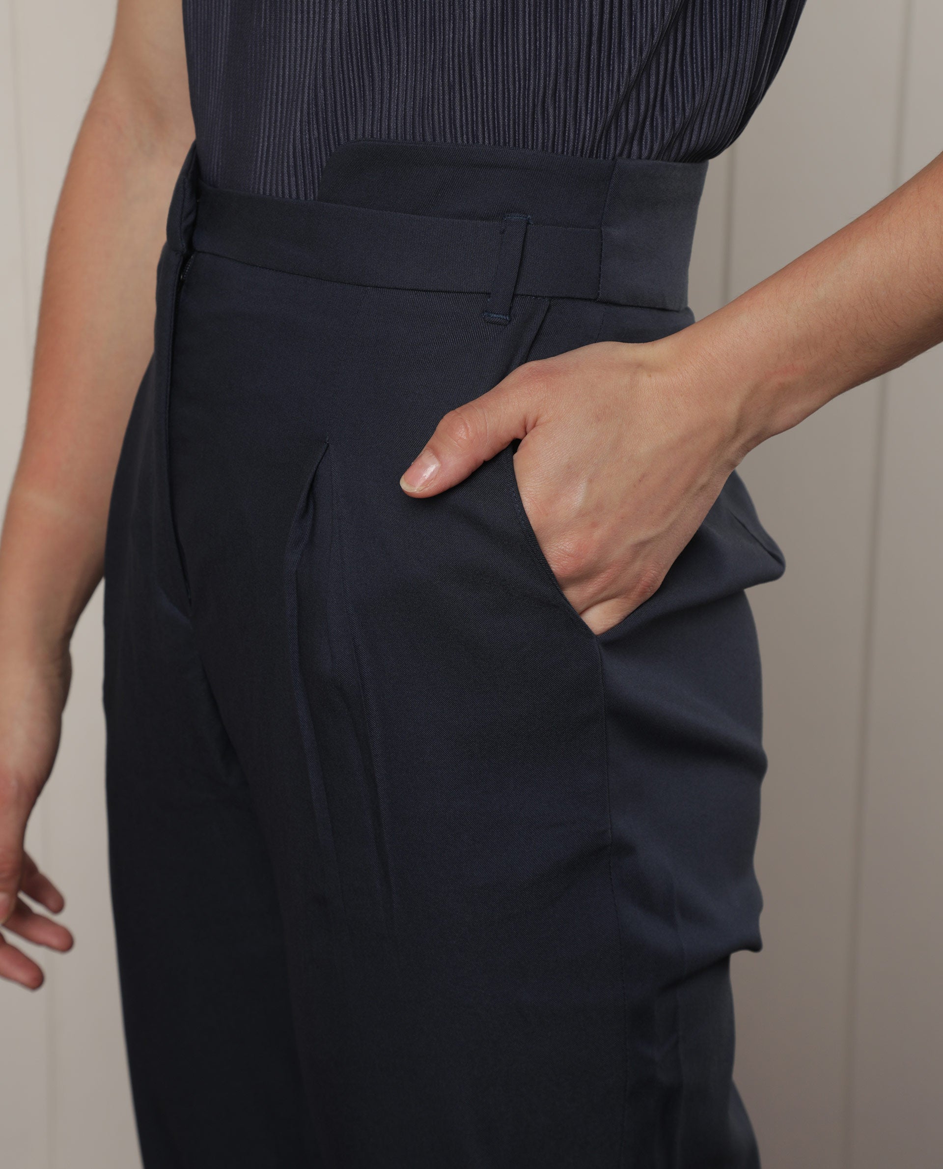 Rareism Women Evanova Navy Viscose Fabric Tailored Fit High Rise Solid Ankle Length Trousers