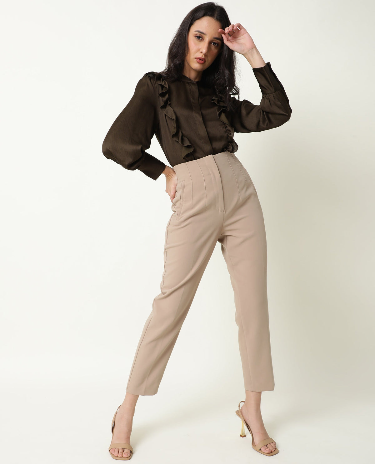Rareism Womens Chamomile Olive Top Polyester Fabric Fit Regular Sleeves Mandarin Neck