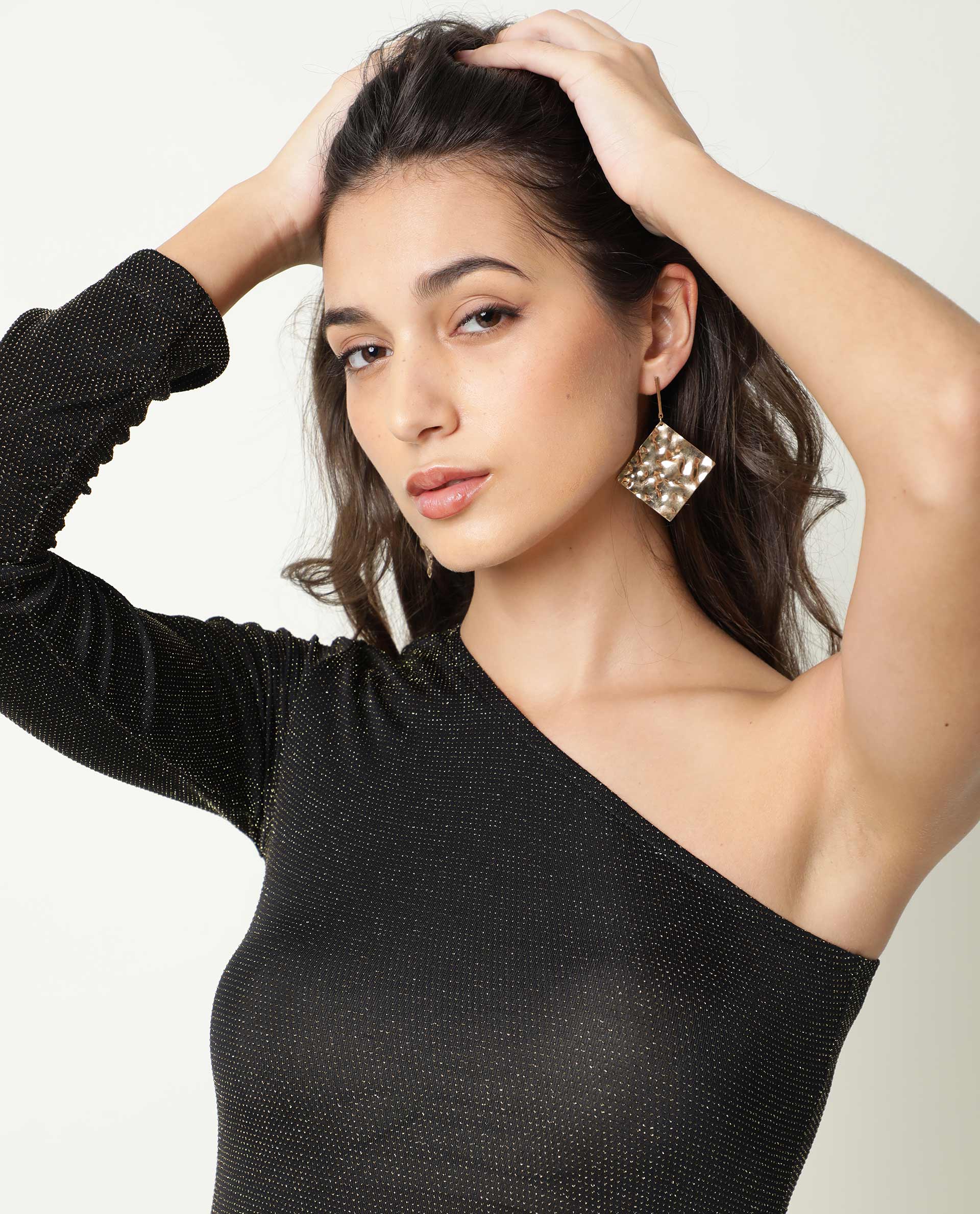 Rareism Women Lelani Black One Shoulder Full Sleeve Asymmetric Knee Length Dress