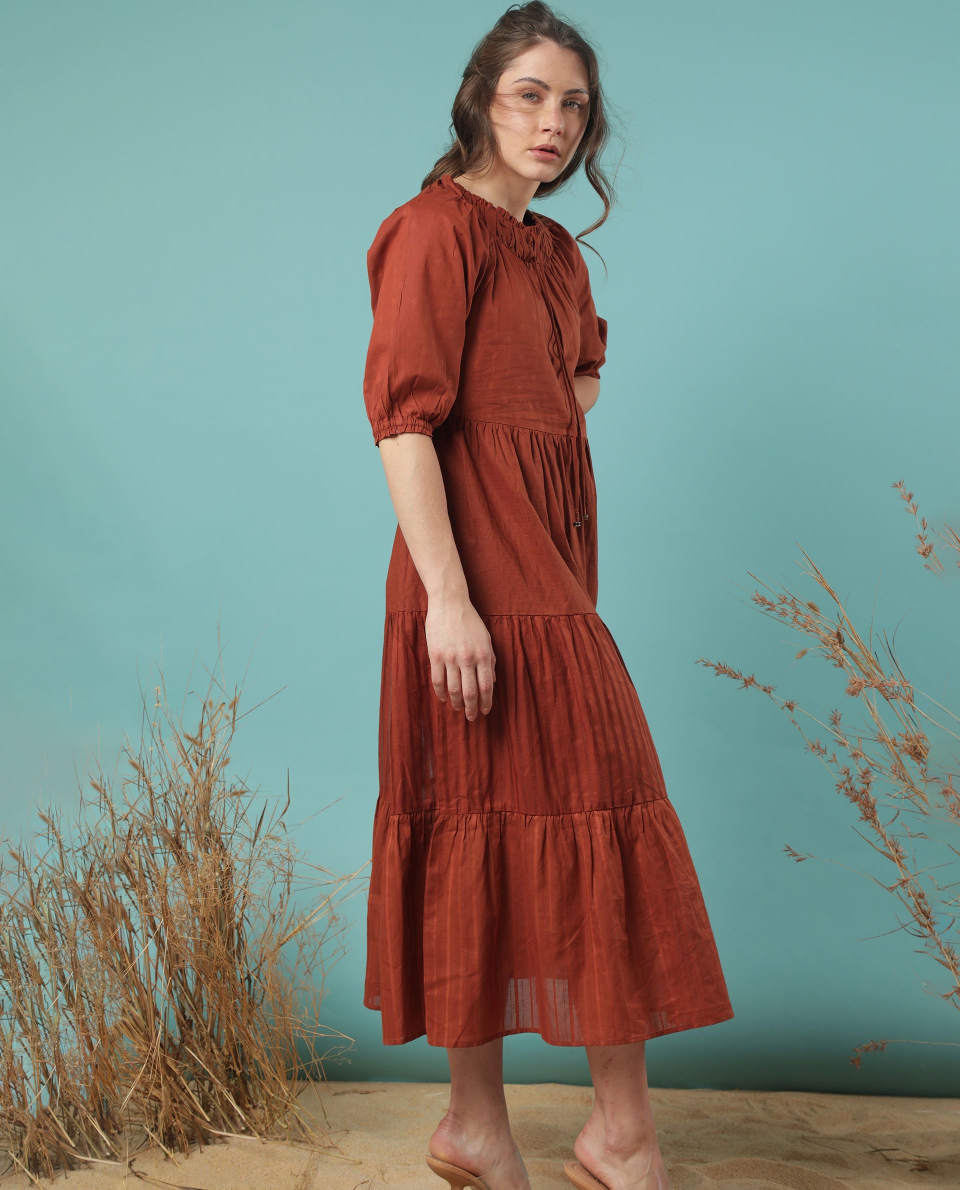 Rareism Women Myle Brown Gathered Neck With Front Tie Up Puff Sleeves And Pockets Tiered Maxi Dress