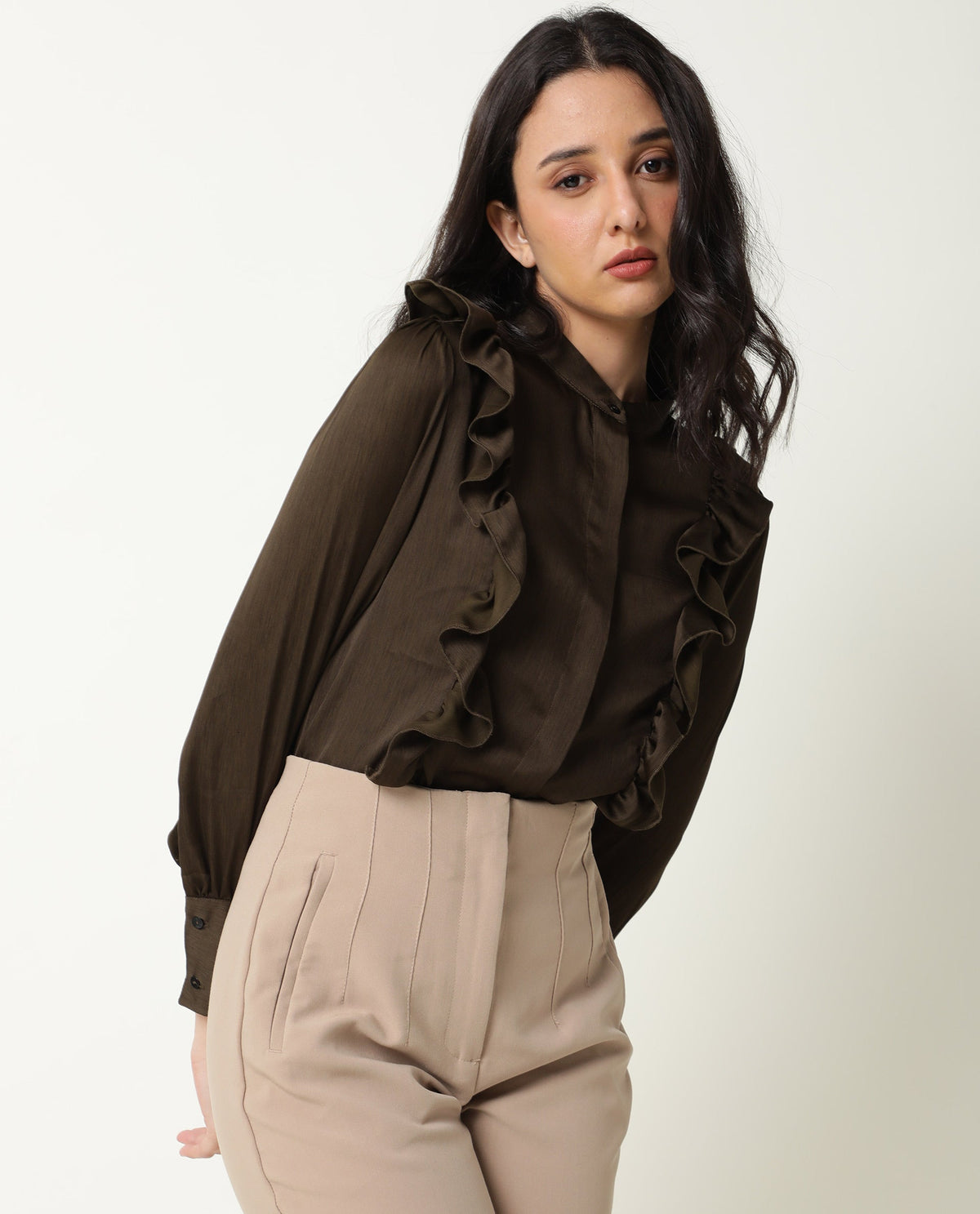 Rareism Womens Chamomile Olive Top Polyester Fabric Fit Regular Sleeves Mandarin Neck