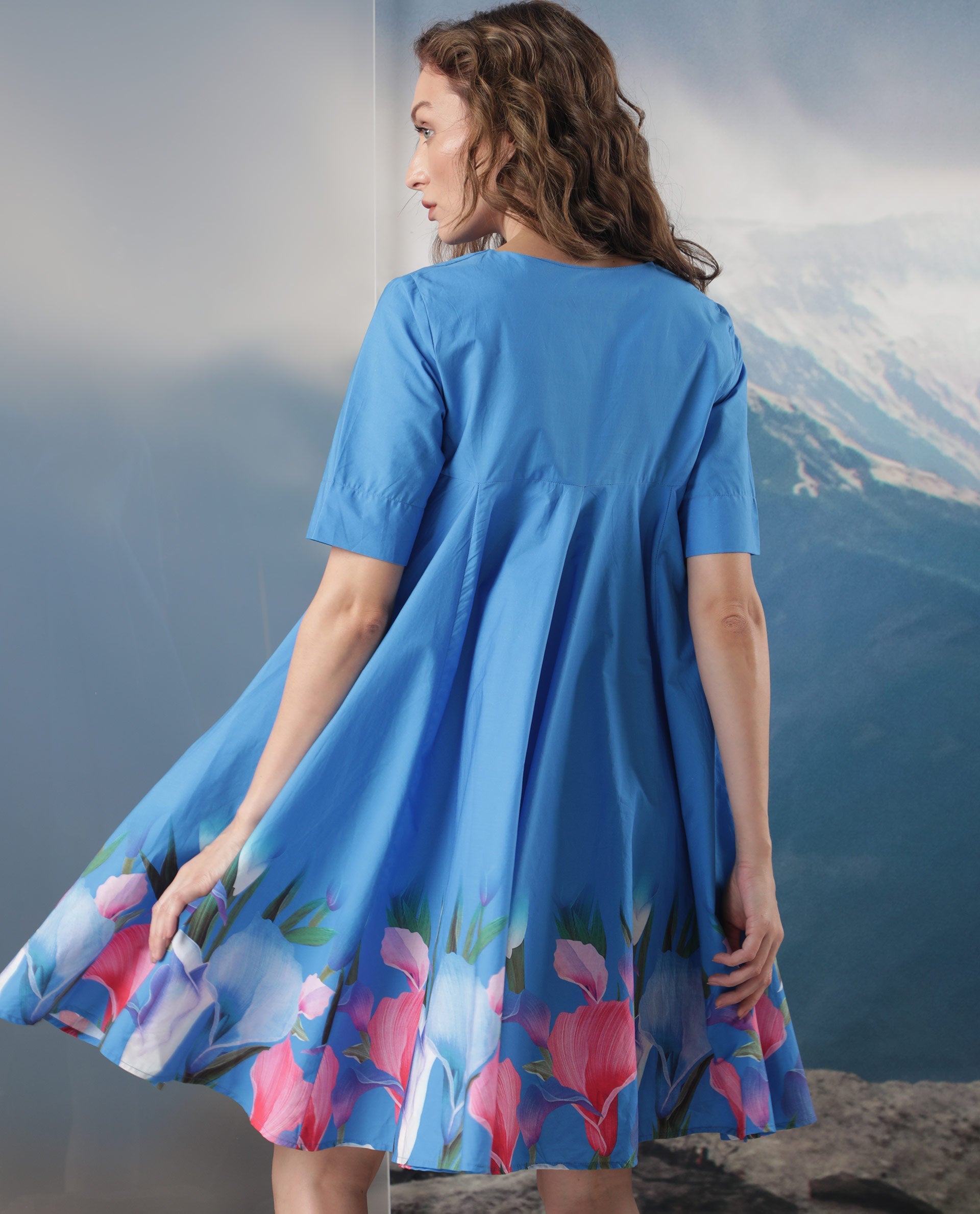 Rareism Women Xender Blue Floral Print Overlap Lapel Collar Half Sleeves With Pockets Flared Mini Dress