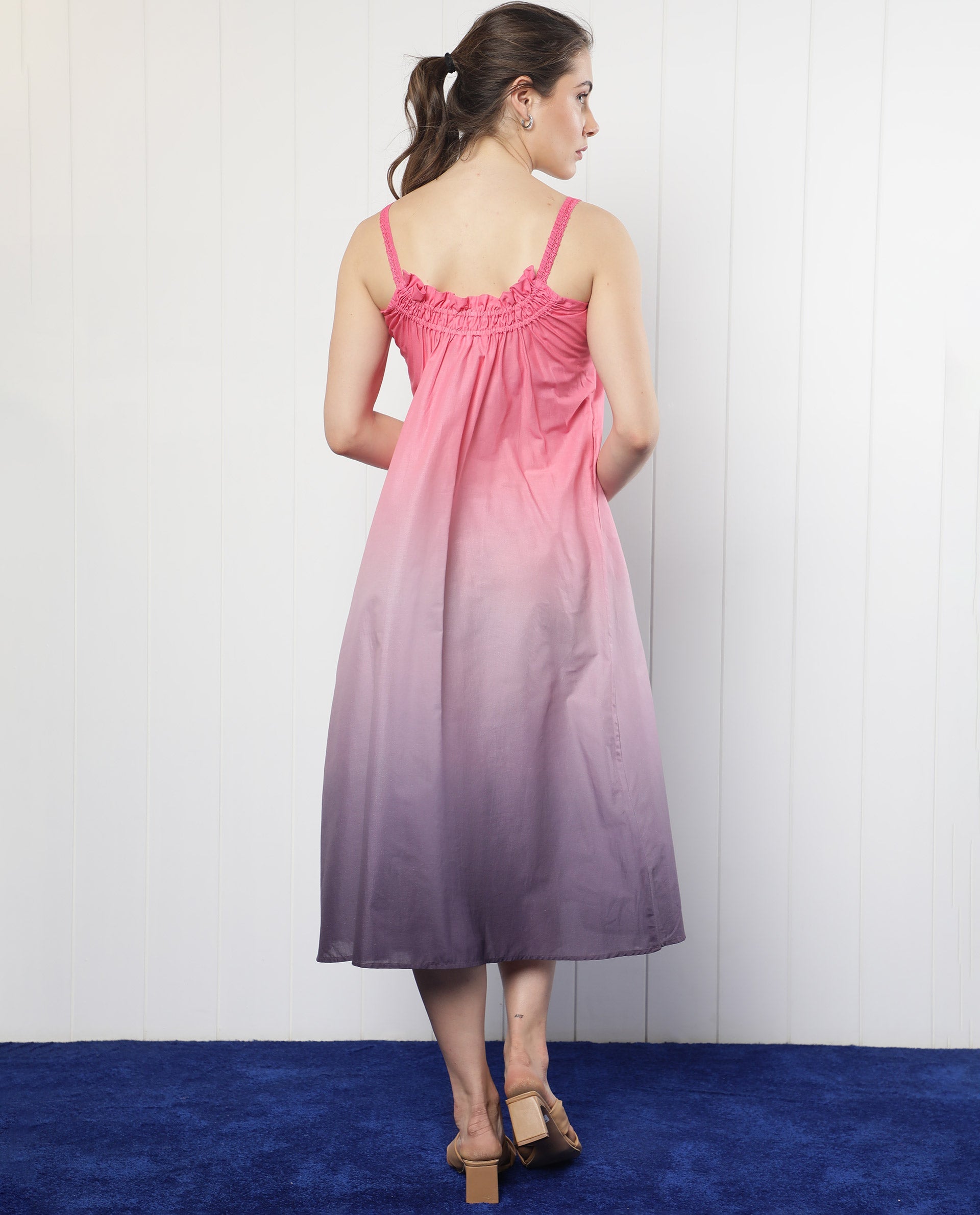 Rareism Women's Kathy Multi Viscose Fabric Shoulder Straps Slip-On Closure Sleeveless Ombre Midi Dress