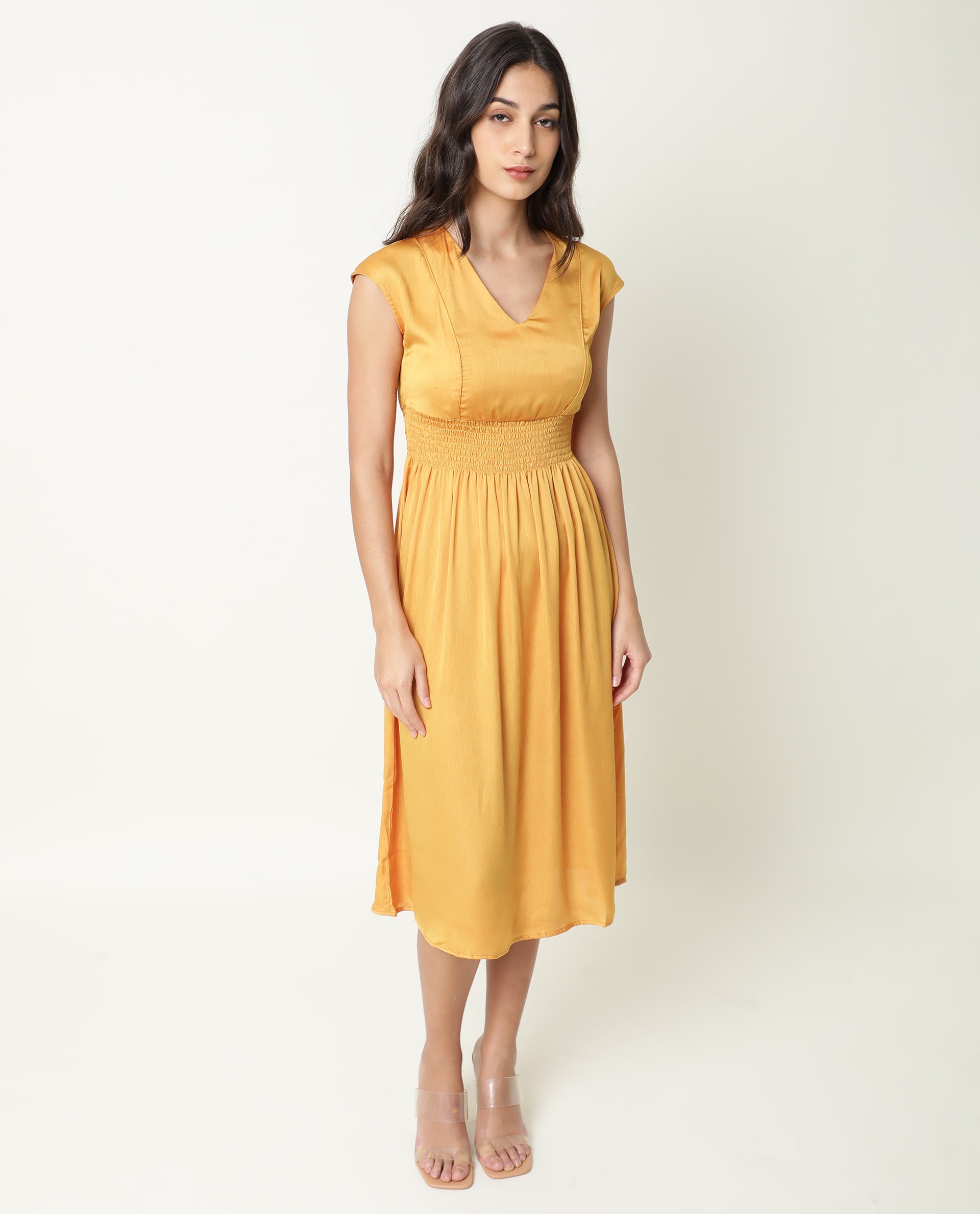 Rareism Women Milux Mustard V Neck Calf Sleeves Smocked Elastic Waist Belt Knee Length Dress