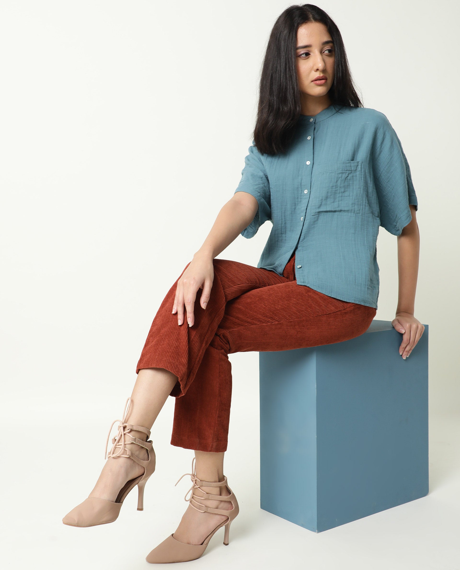 Rareism Womens Imro Green Top Cotton Fabric Regular Fit Regular Sleeves Mandarin Neck