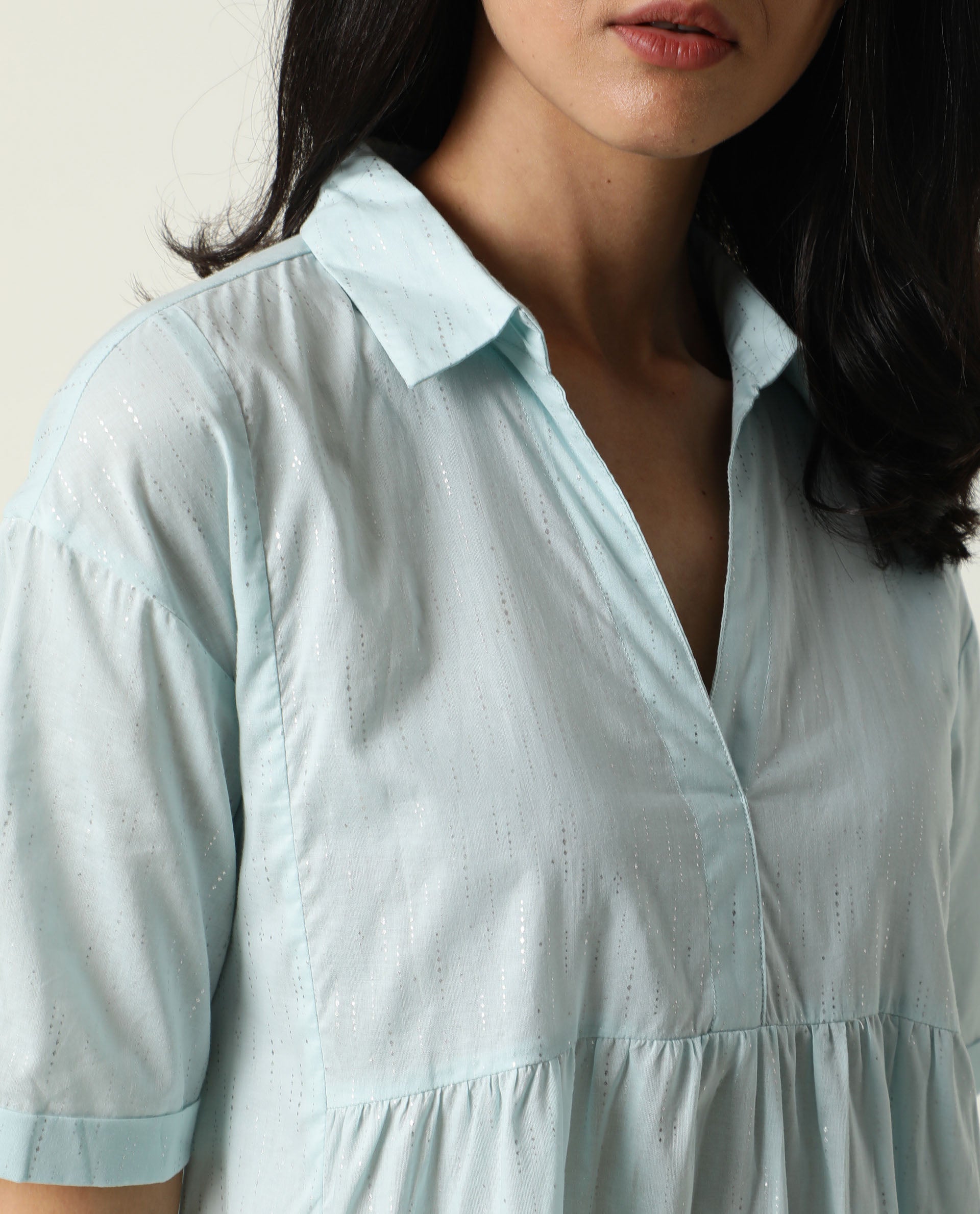 Rareism Women Loaf Light Turq Collared Neck Short Sleeves With Pocket Tiered Knee Length Dress