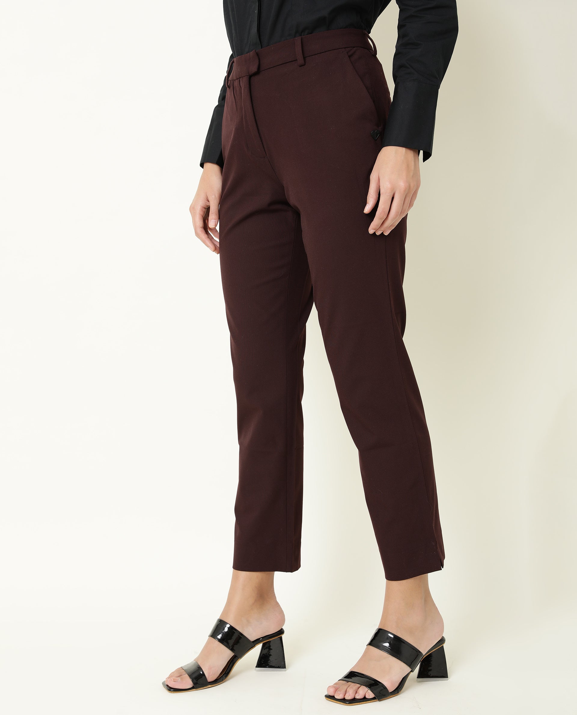 Rareism Women Yard Maroon Poly Cotton Fabric Tailored Fit Mid Rise Solid Ankle Length Trousers