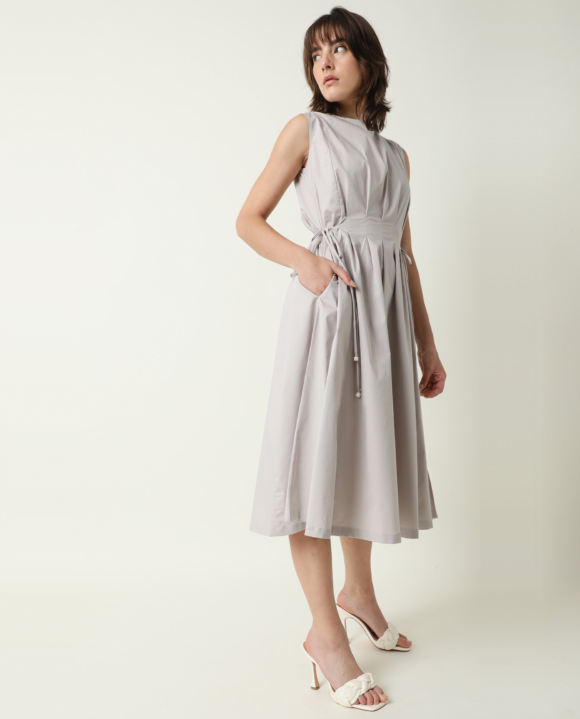 Rareism Womens Zippo Grey Dress Cotton Lycra Fabric Regular Fit Sleeveless Round Neck