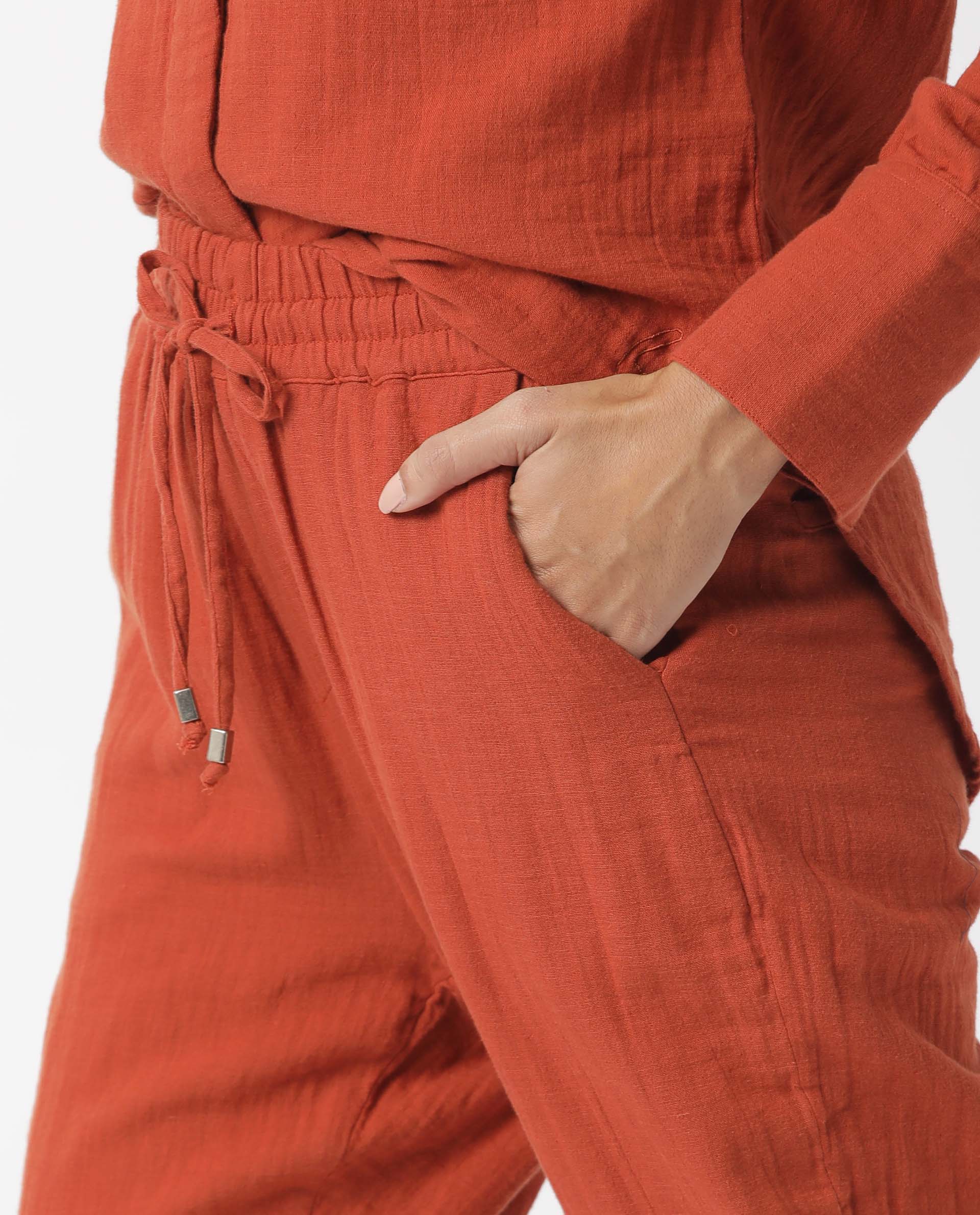 Rareism Women Elo Dark Rust Cotton Fabric Regular Fit Mid Rise Solid Ankle Length Trousers