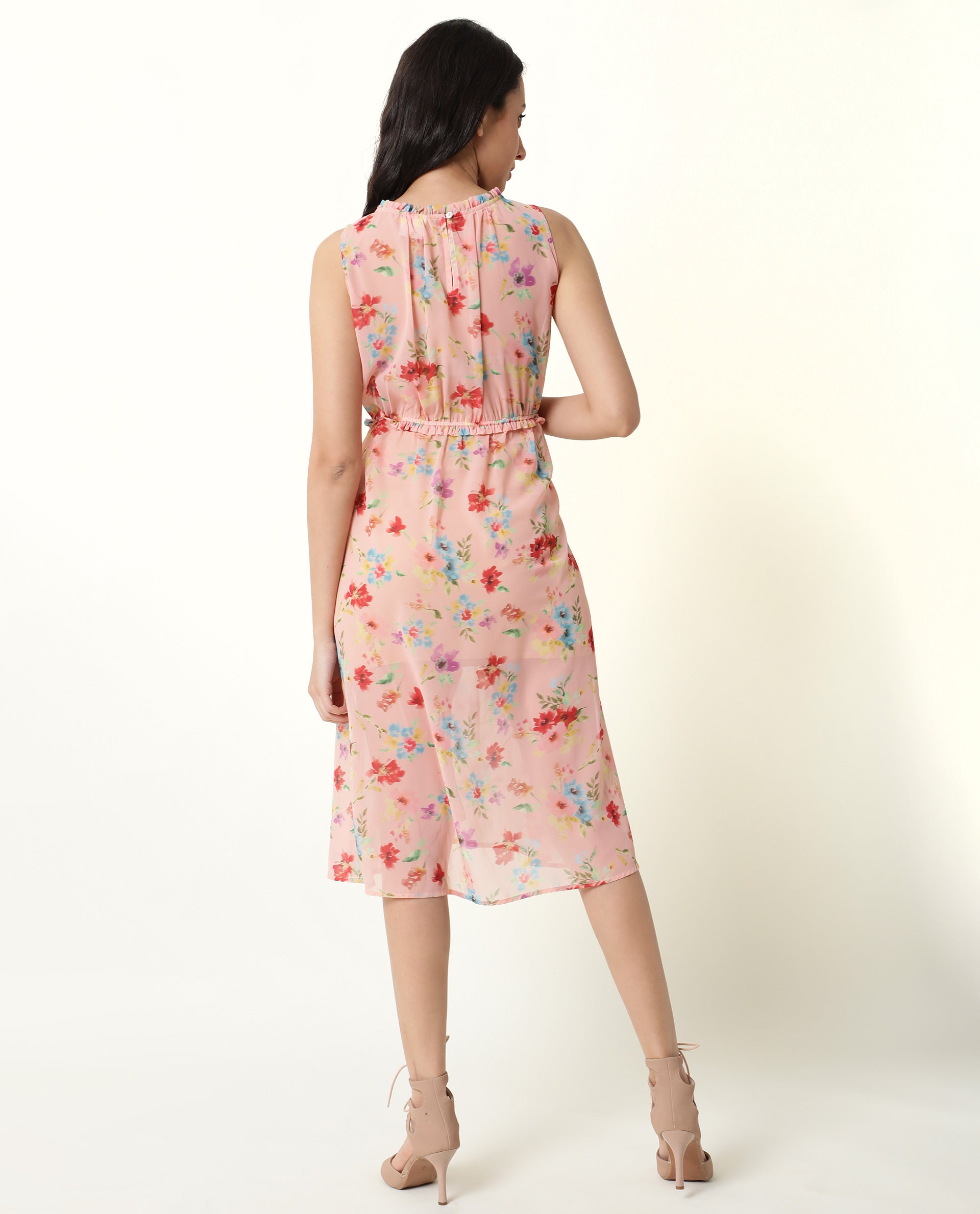 Rareism Women Sack Peach Floral Print Ruffled Round Neck And Waist Sleeveless Midi Dress