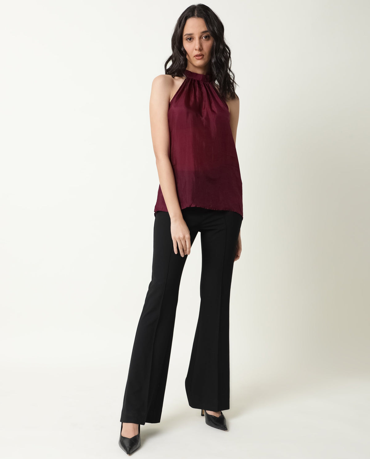 Rareism Womens Sahano Maroon Top Poly Viscose Fabric Sleeveless Halter Neck