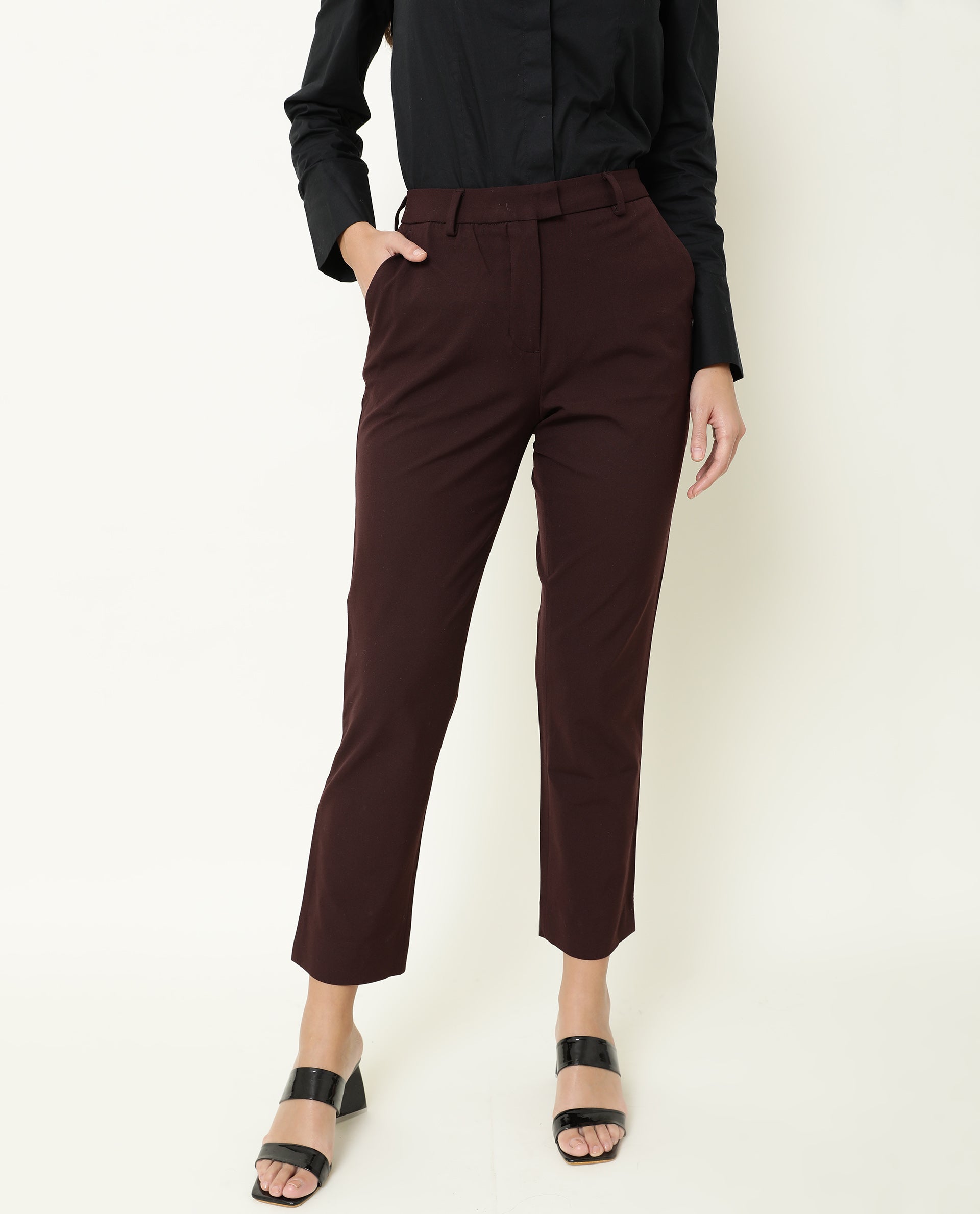 Rareism Women Yard Maroon Poly Cotton Fabric Tailored Fit Mid Rise Solid Ankle Length Trousers