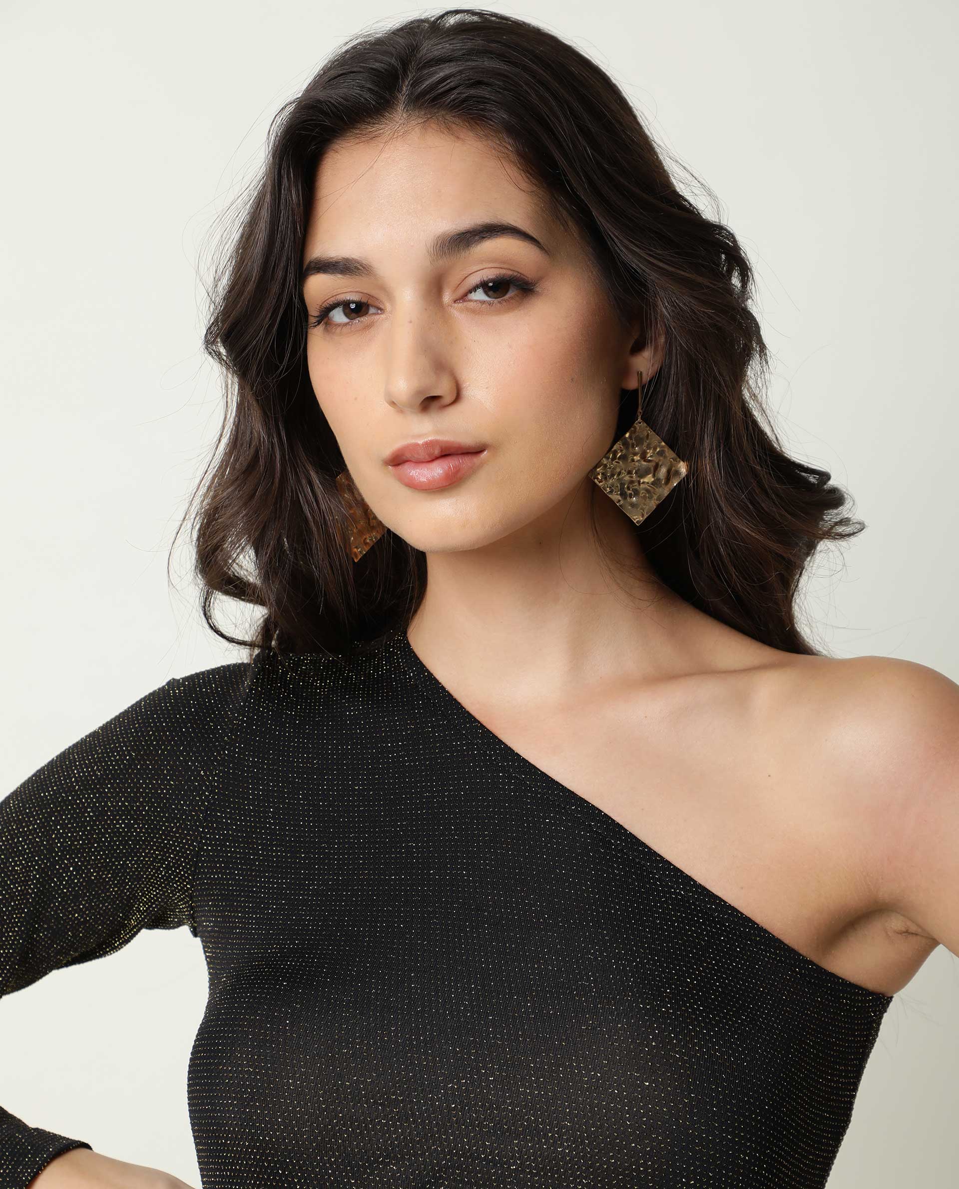 Rareism Women Lelani Black One Shoulder Full Sleeve Asymmetric Knee Length Dress