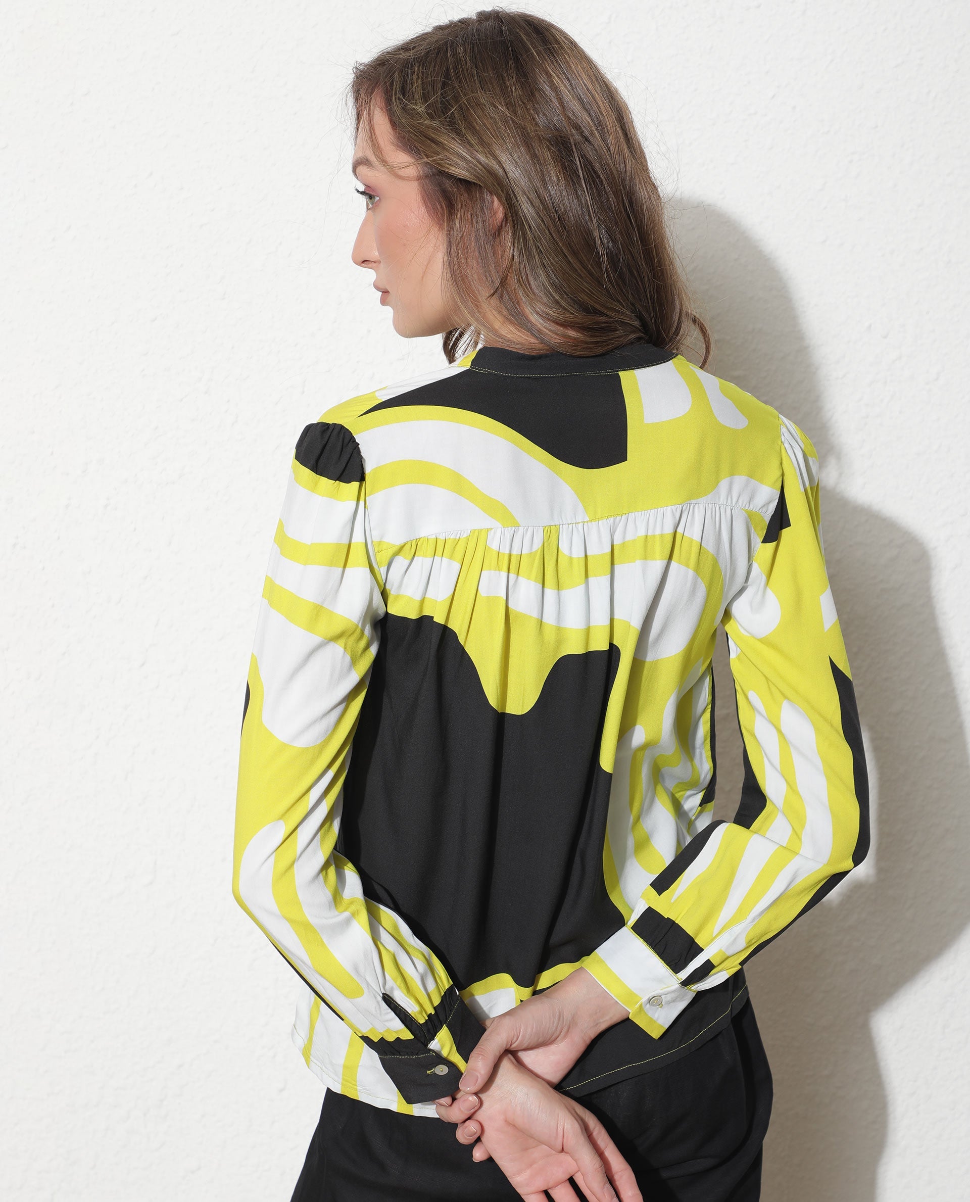 Rareism Women Vito Navy Viscose Fabric Slim Fit Key Hole Neck Full Sleeves Abstract Print Top