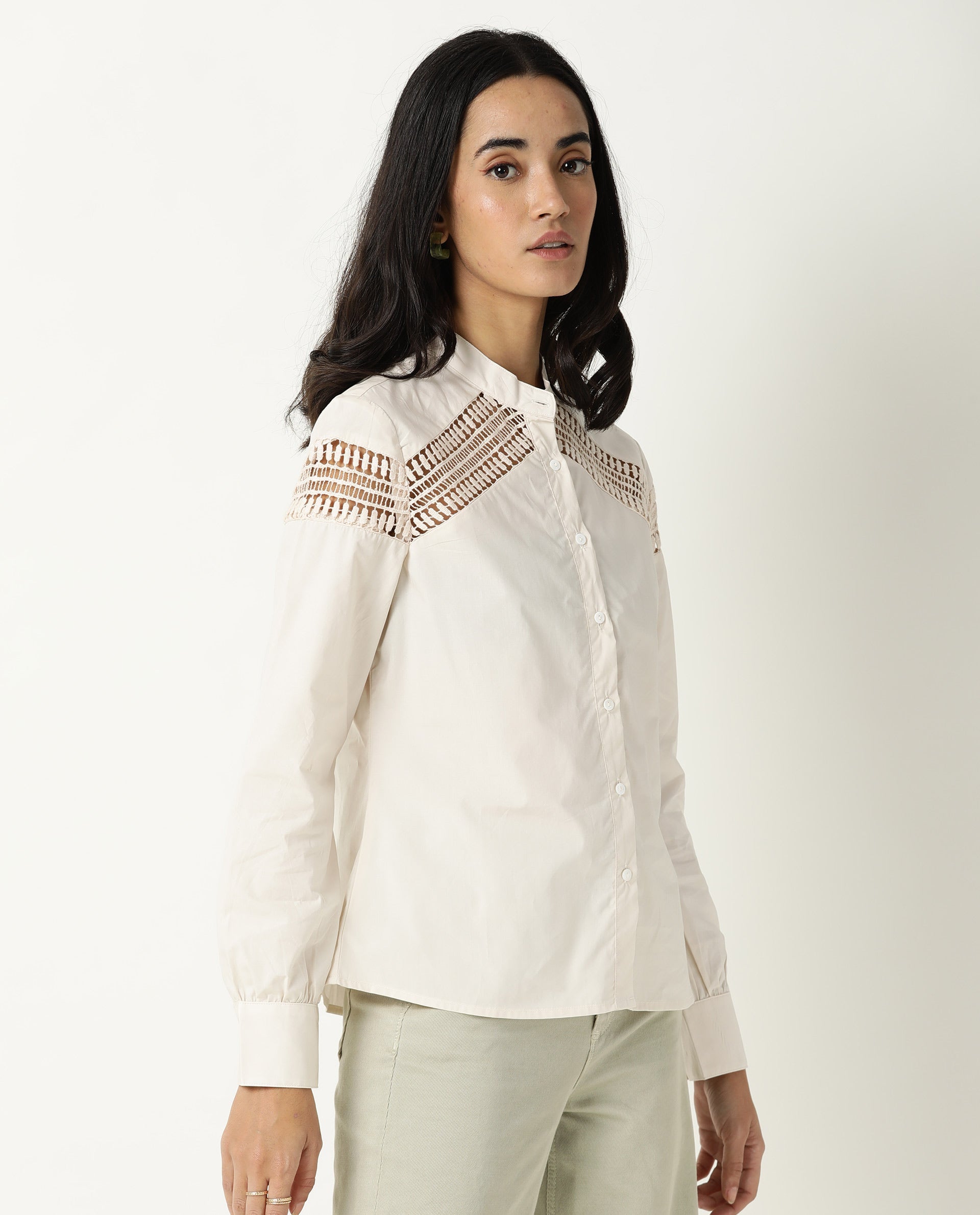 Rareism Women Zoom Pastel Beige Cotton Fabric Regular Fit Mandarin Collar Full Sleeves Solid Top