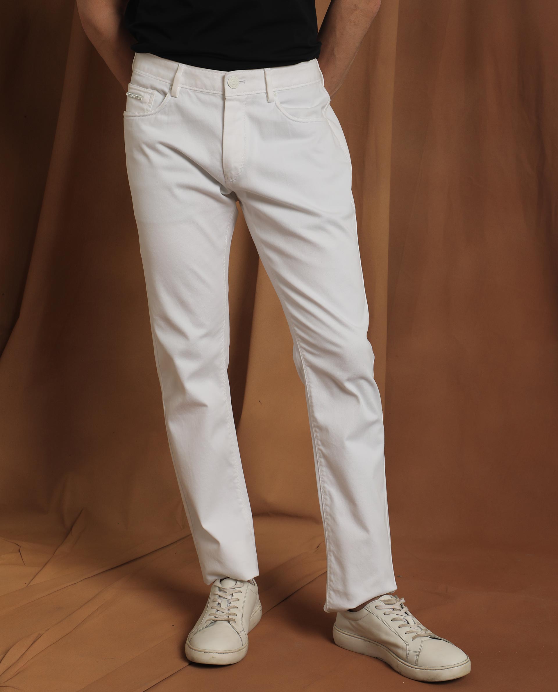 Rare Rabbit Men's Spoke-22 White Solid Mid-Rise Regular Fit Trouser