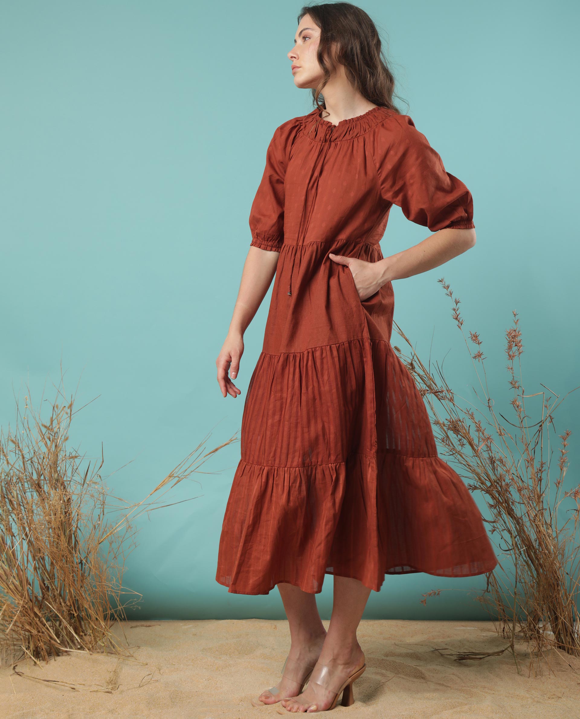 Rareism Women Myle Brown Gathered Neck With Front Tie Up Puff Sleeves And Pockets Tiered Maxi Dress